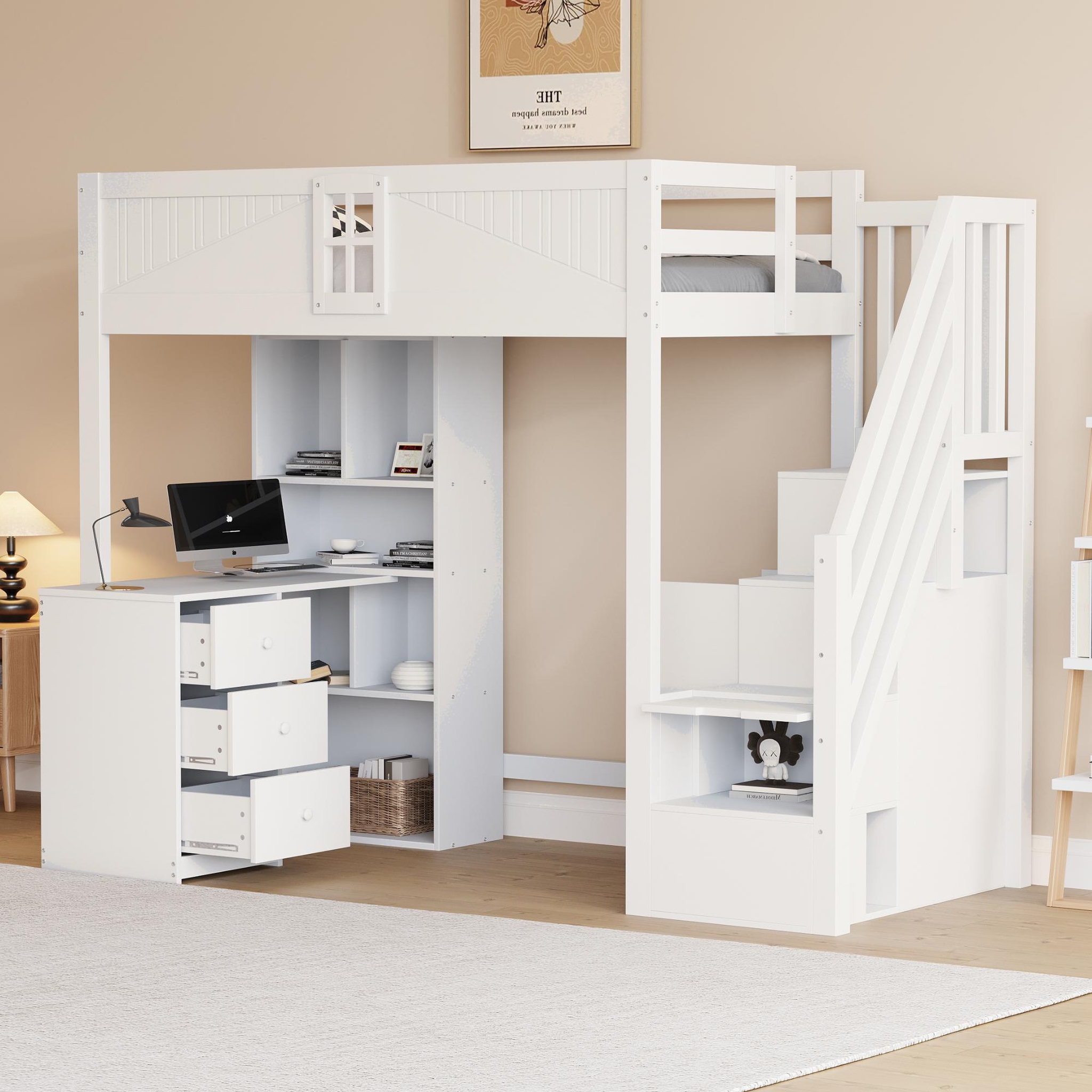 Voir la diapositive 4 : MERAX Lit mezzanine 90x200cm coloris blanc bois massif