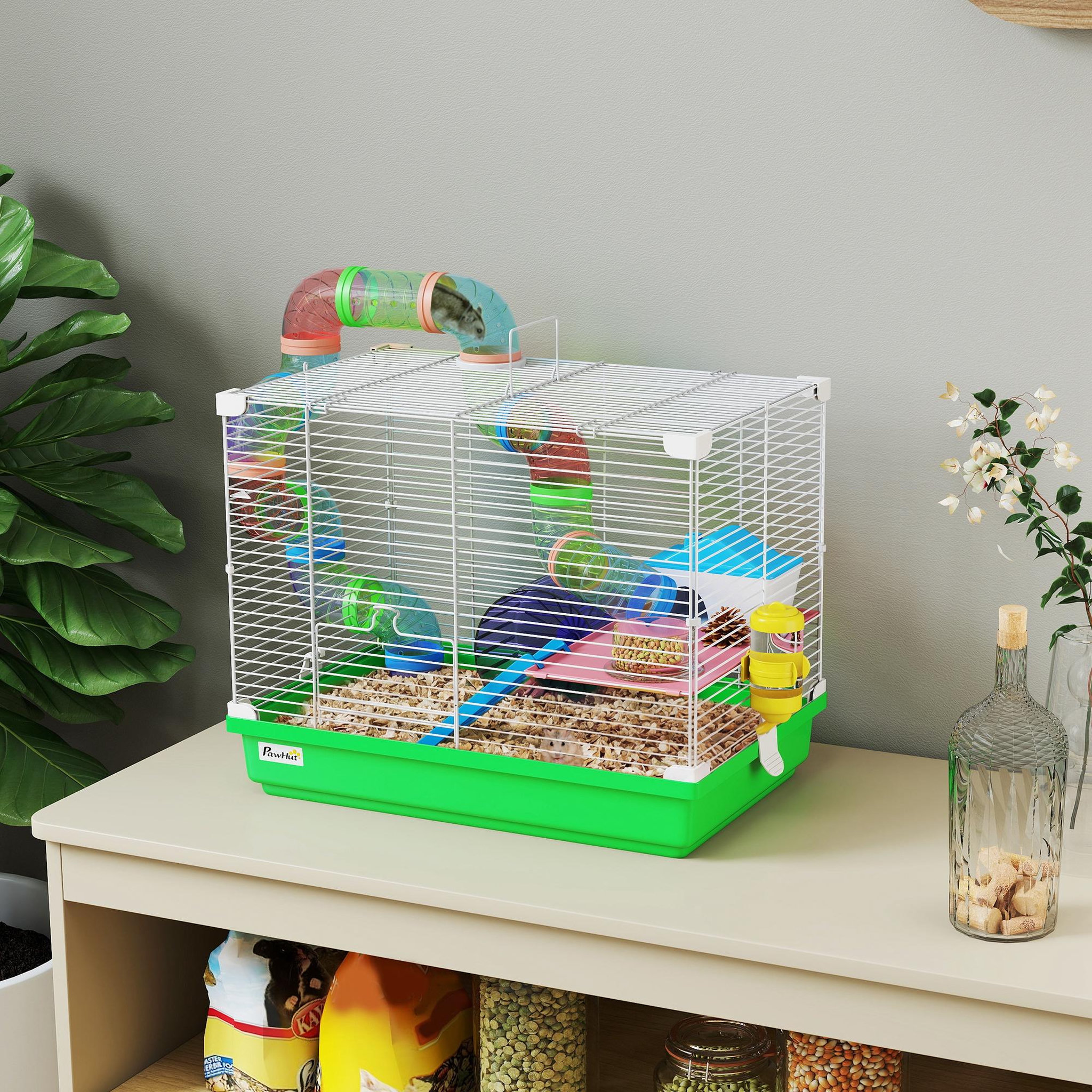 Voir la diapositive 6 : PAWHUT Cage à hamster 2 niveaux avec poignée - avec tunnel, biberon eau, roue, maisonnette, échelles - vert