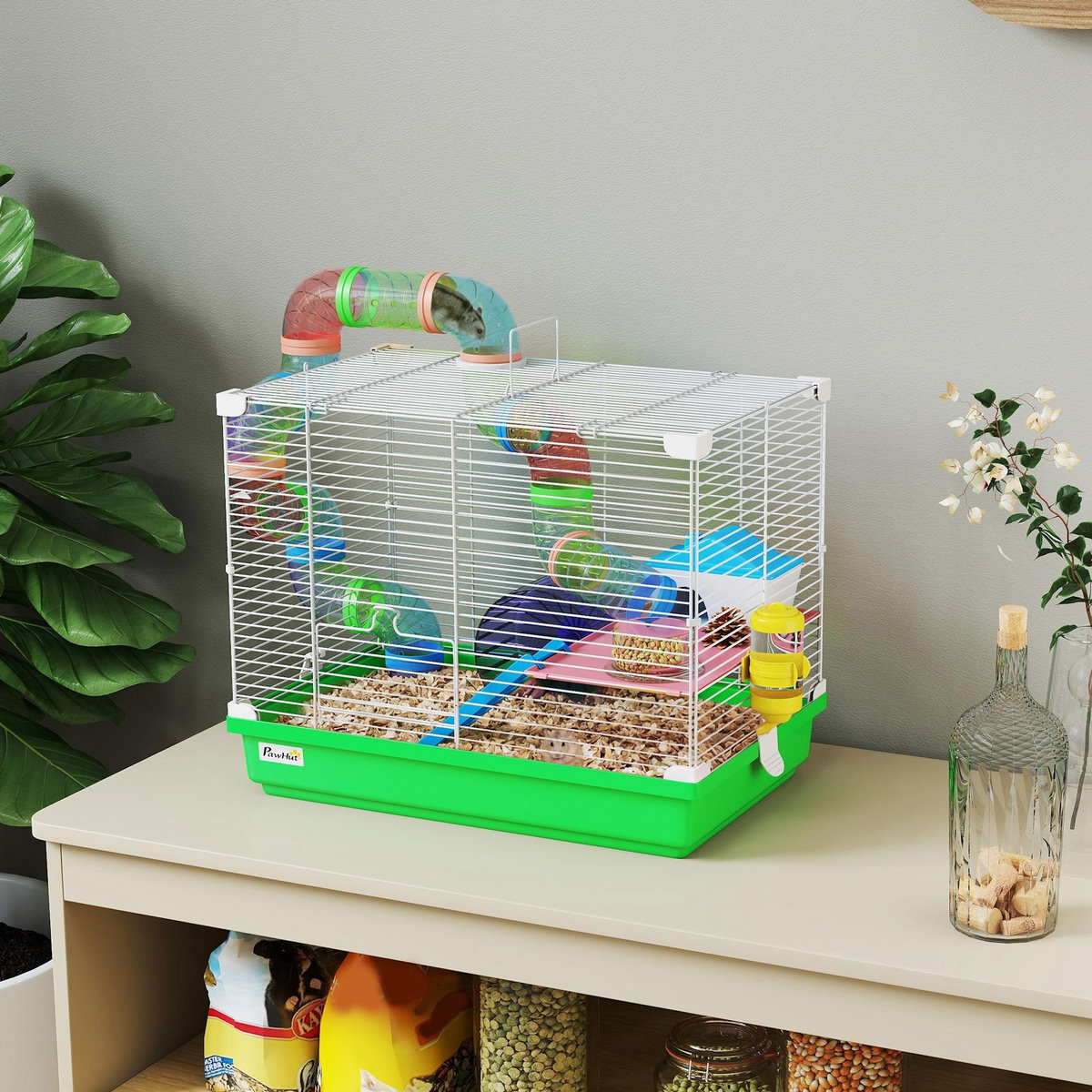 PAWHUT Cage à hamster 2 niveaux avec poignée - avec tunnel, biberon eau, roue, maisonnette, échelles - vert