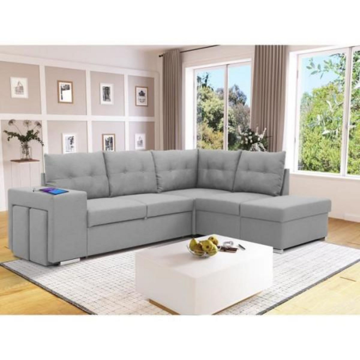 MARKET24 Canapé d'angle convertible réversible 4-5 places MITCHELL - Tissu Gris - Coffre de rangement - L 245 x P 205 x H 93 cm