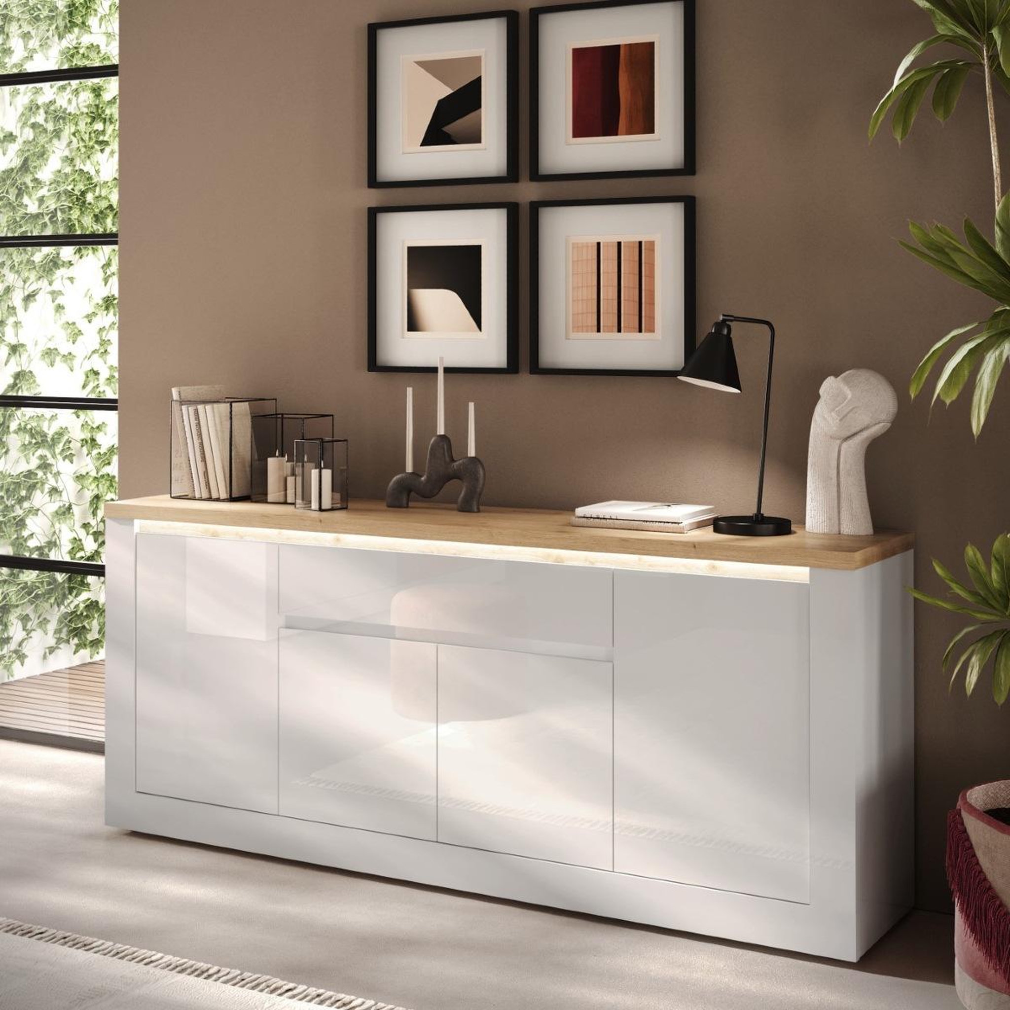 Voir la diapositive 2 : JLC KREATION Buffet moderne 4 portes-1tiroir laqué blanc et bois ARIA