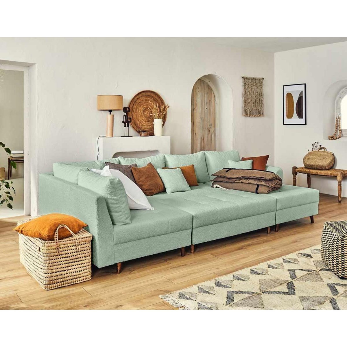 LISA DESIGN Rune - canapé panoramique d'angle gauche - 7 places - avec pouf d'appoint - en tissu bouclette