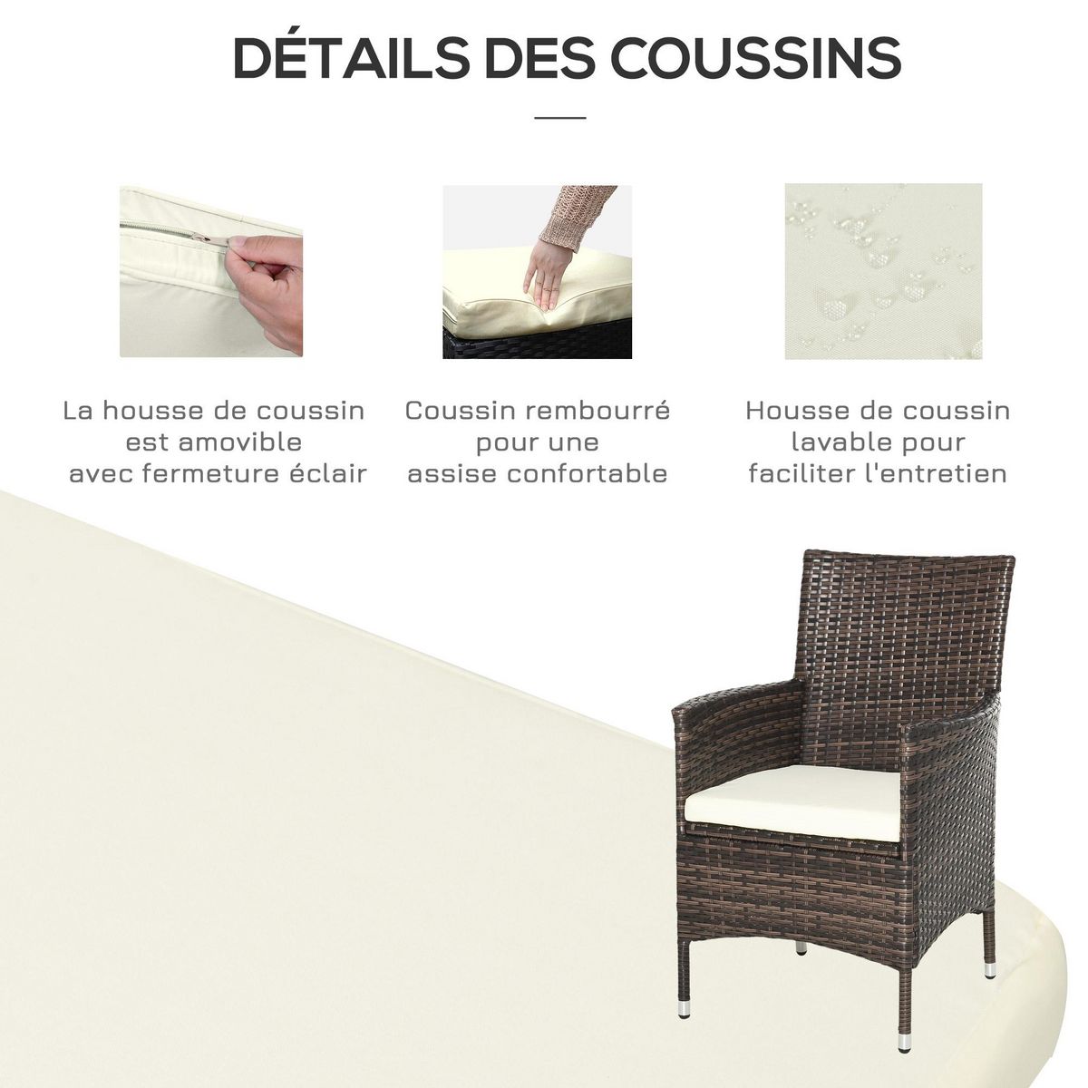 OUTSUNNY Outsunny Ensemble salon de jardin 2 places : 2 fauteuils et table basse plateau verre trempé résine tressée imitation rotin chocolat foncé coussins blanc