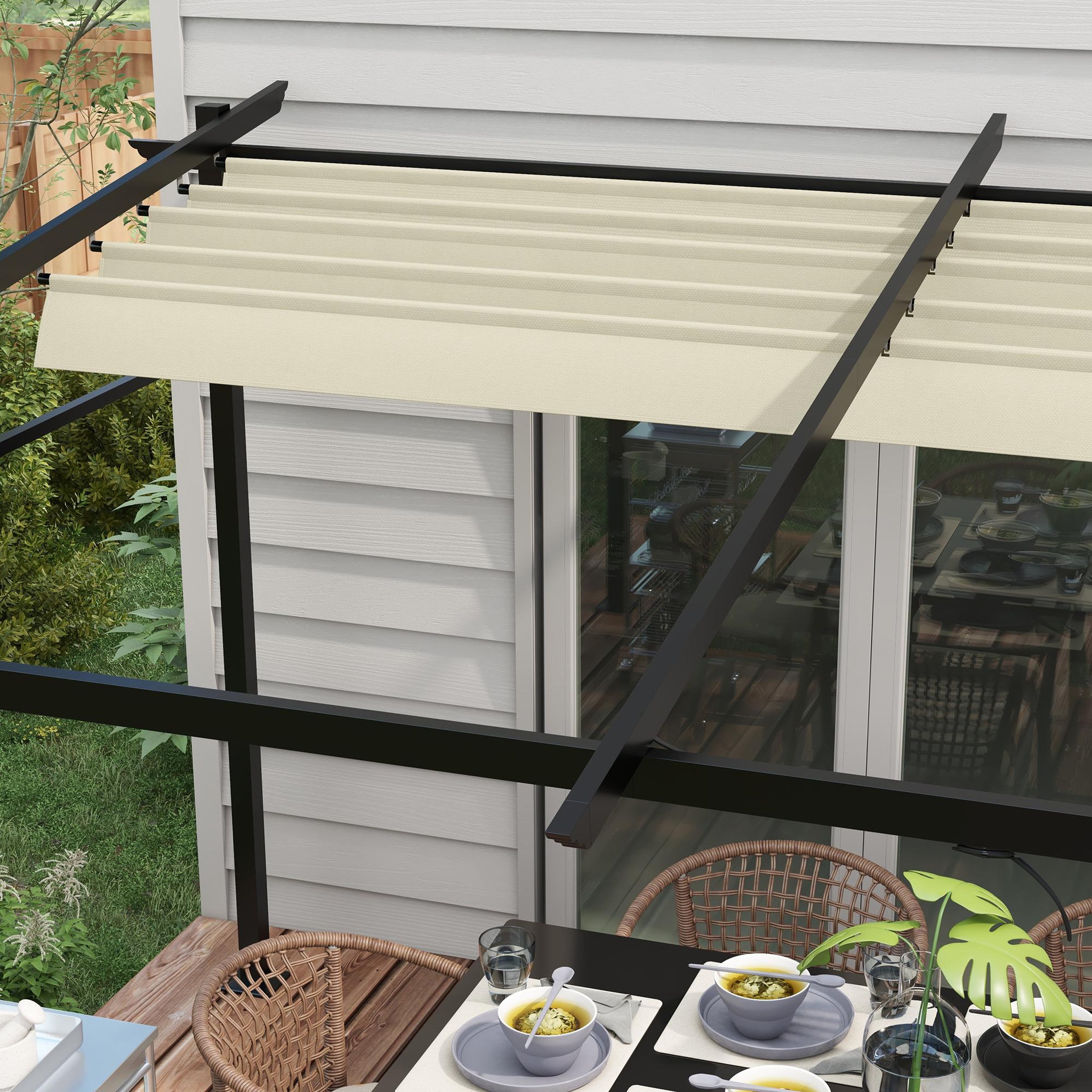 Voir la diapositive 4 : OUTSUNNY Pergola rétractable 3,97L x 2,95l x 2,3H m structure alu. métal époxy polyester beige