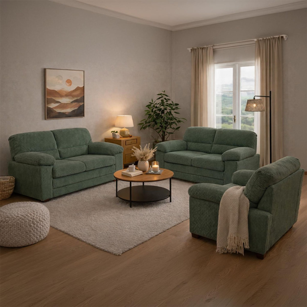 CONCEPT USINE Canapé 3 places + 2 places + fauteuil en velours côtelé vert foncé LINCOLN