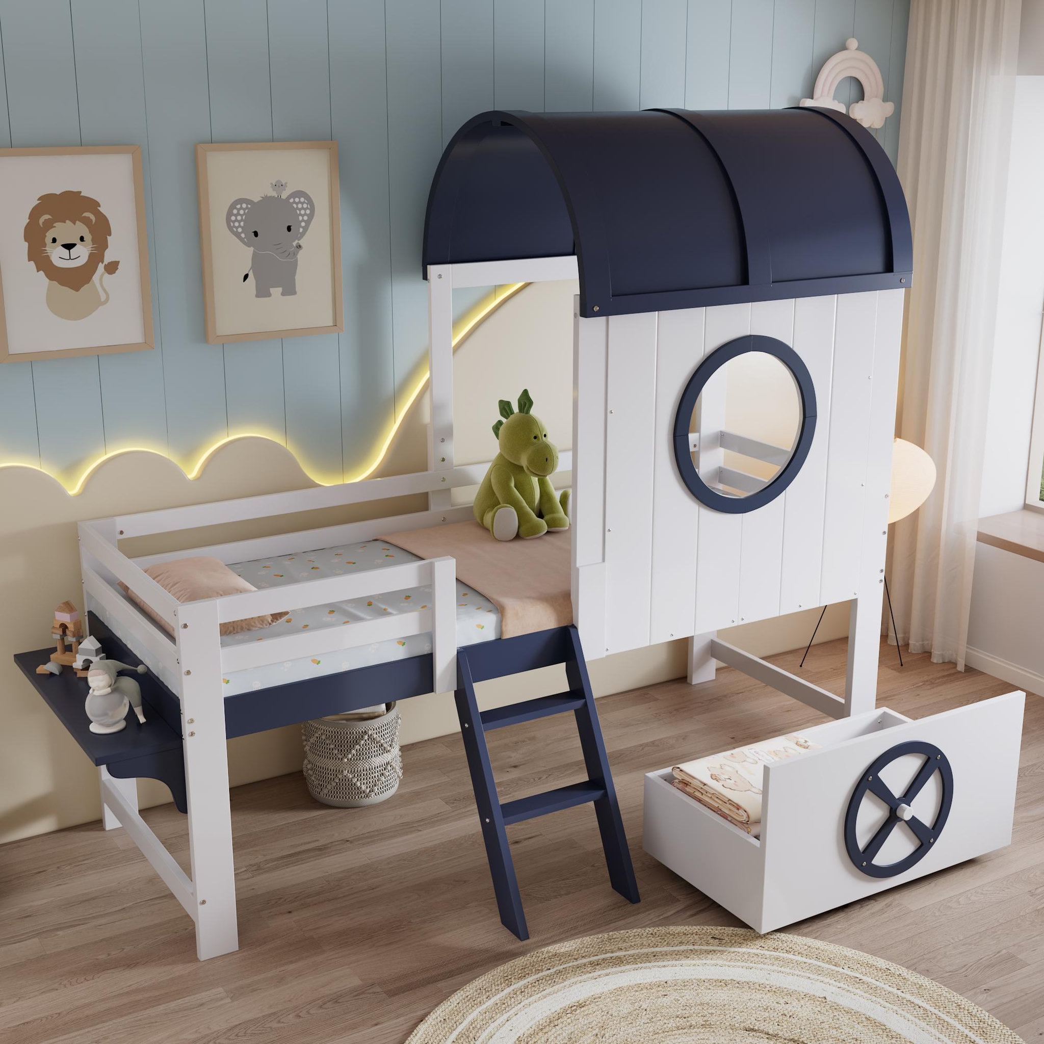 Voir la diapositive 5 : MERAX Lit enfant mi hauteur 90x200cm coloris blanc+bleu pin et mdf