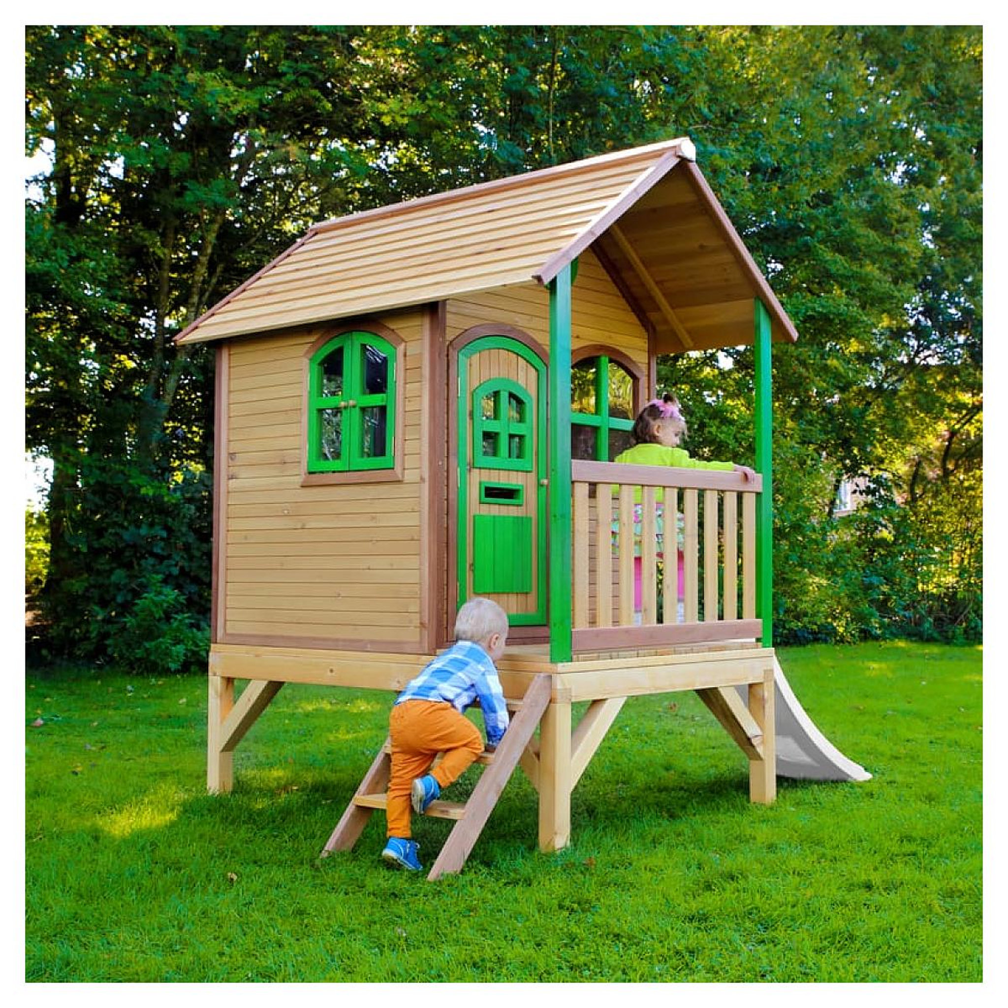Voir la diapositive 2 : Axi House Maisonnette Tom marron-vert toboggan blanc