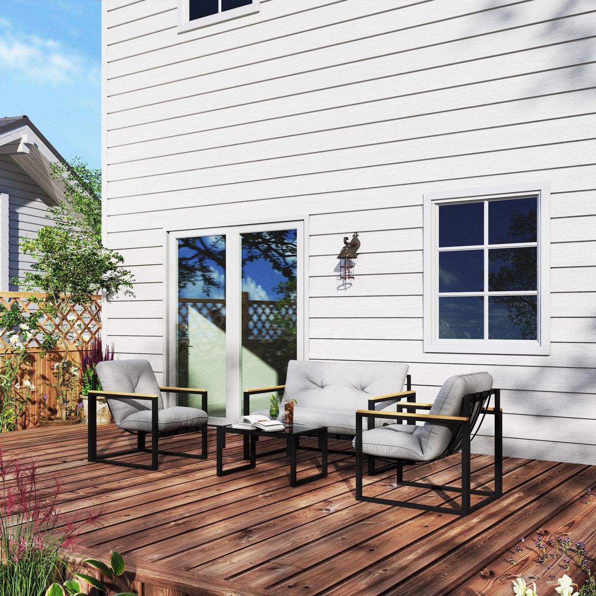 OUTSUNNY Ensemble salon de jardin 4 places 4 pièces coussins gris acier époxy noir plastique effet bois