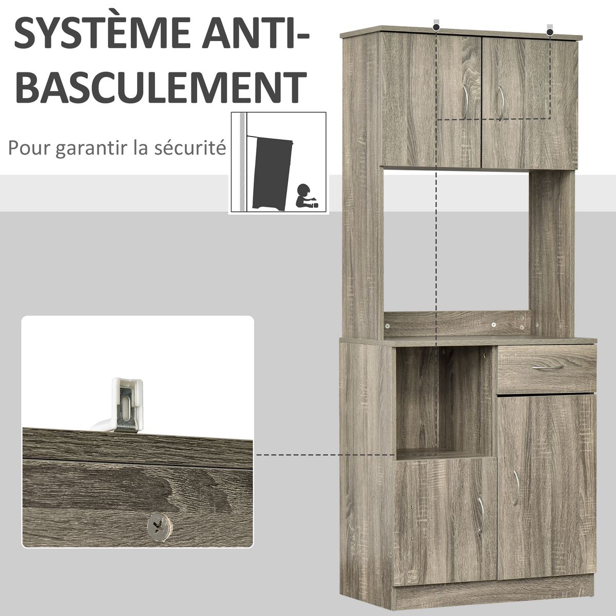 HOMCOM HOMCOM Armoire de cuisine multi-rangements 3 placards 2 niches tiroir panneaux particules classe E1 aspect chêne gris