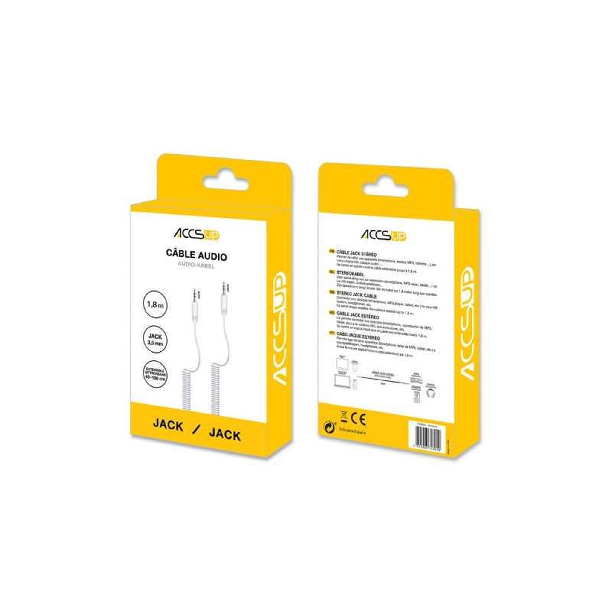 Voir la diapositive 2 : Câble audio Jack 3,5 mm à Jack 3,5 mm enroulé blanc, 1,5 m