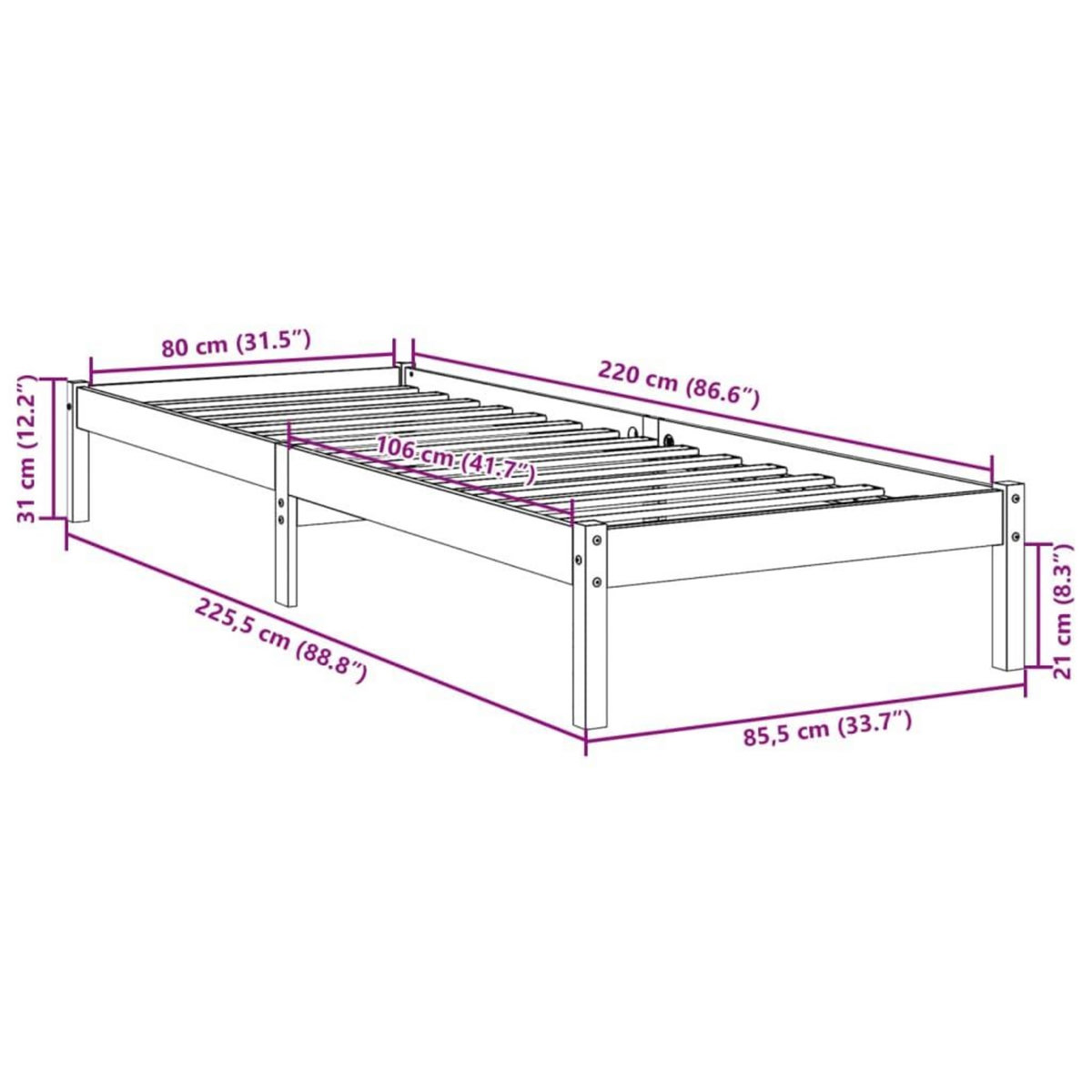 VIDAXL Cadre de lit extra long sans matelas 80x220 cm bois massif pin