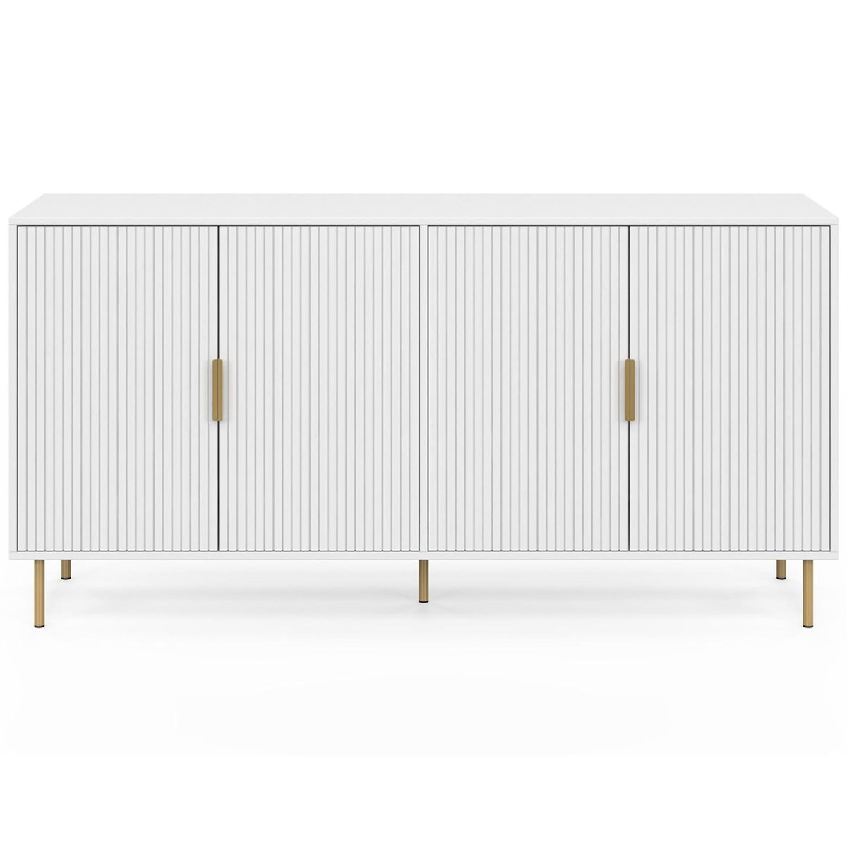 ID MARKET Buffet 160 cm MARCEL 4 portes blanc effet lattes et finitions dorées