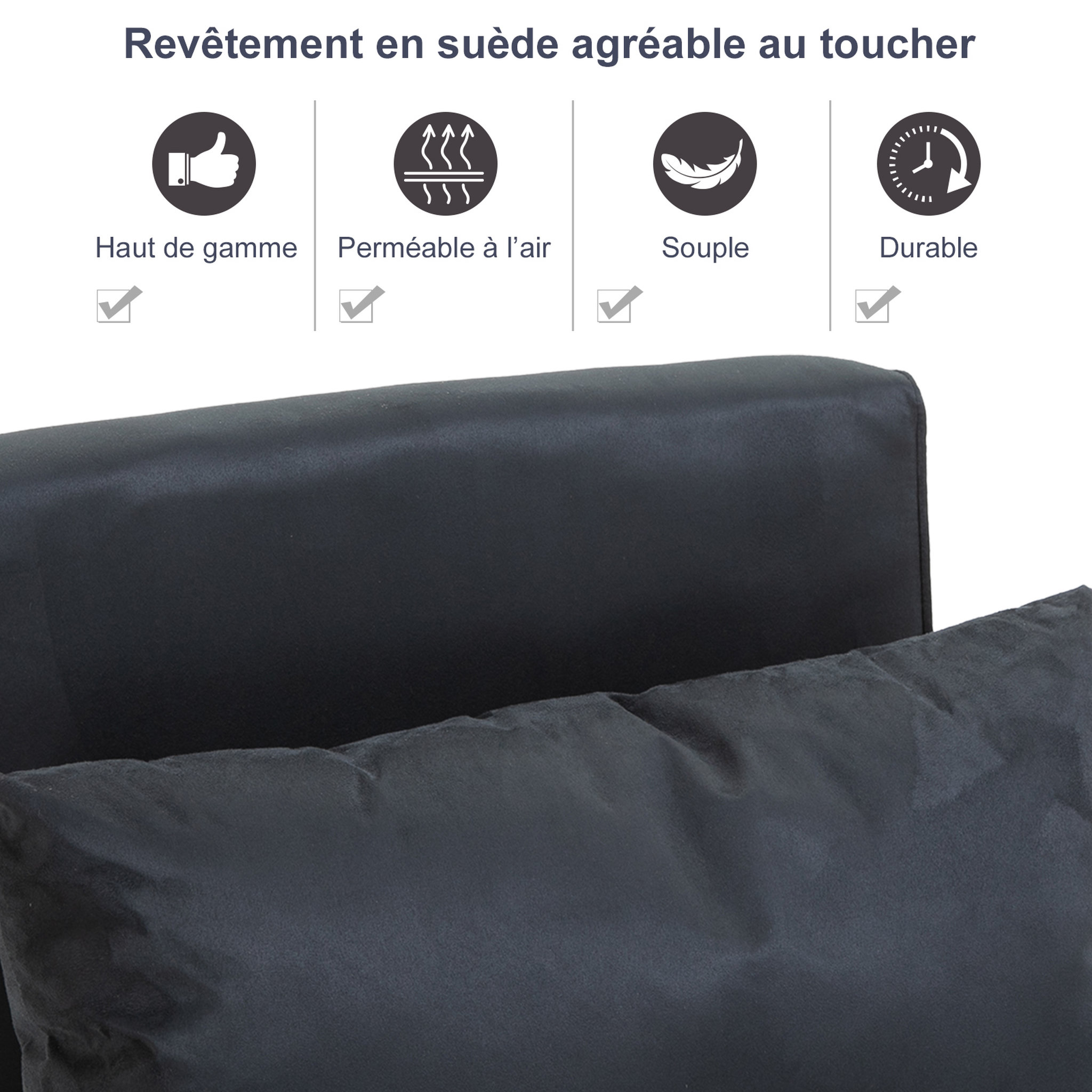 Voir la diapositive 6 : HOMCOM Fauteuil chauffeuse canapé-lit convertible 1 place déhoussable grand confort coussin pieds accoudoirs métal suède noir