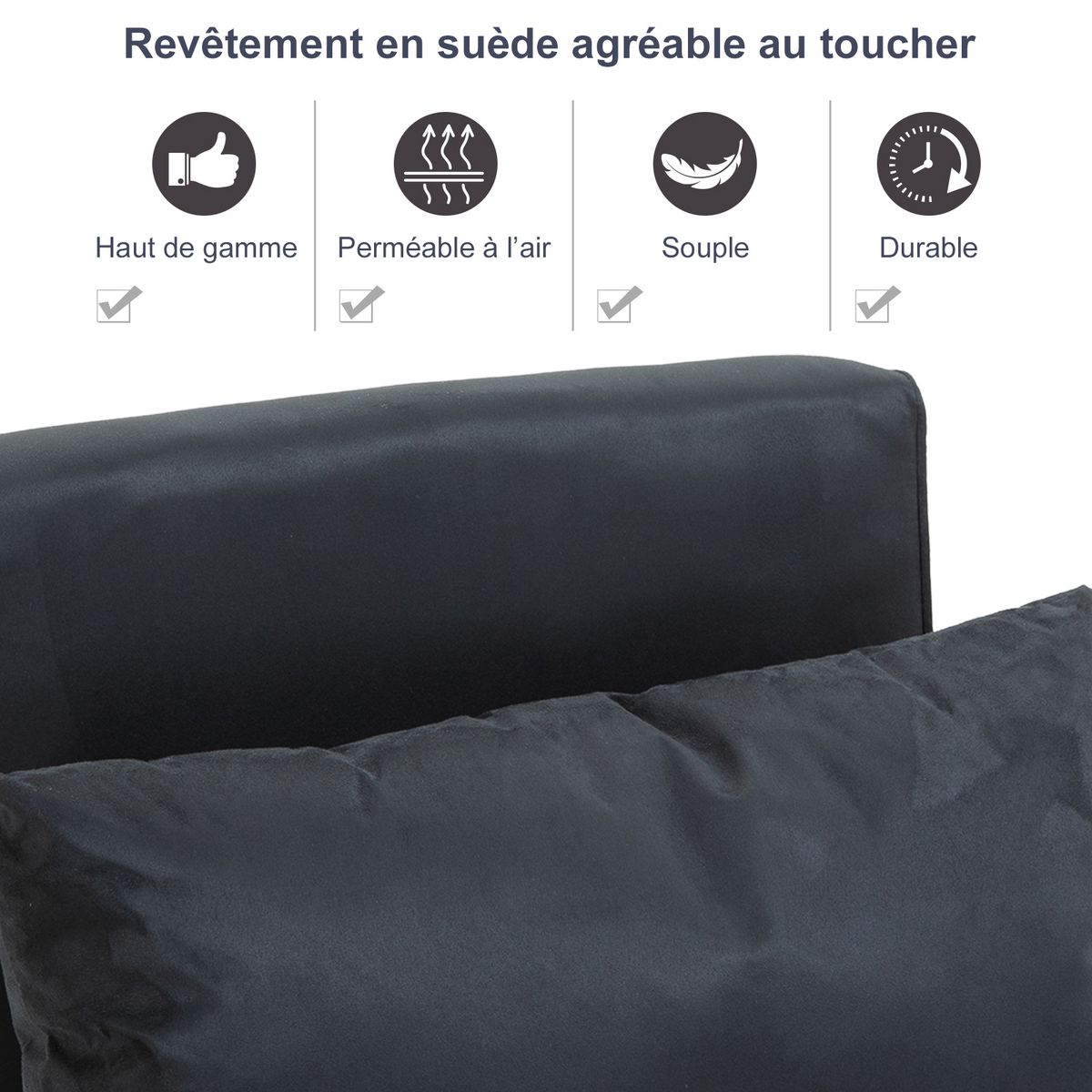 HOMCOM Fauteuil chauffeuse canapé-lit convertible 1 place déhoussable grand confort coussin pieds accoudoirs métal suède noir