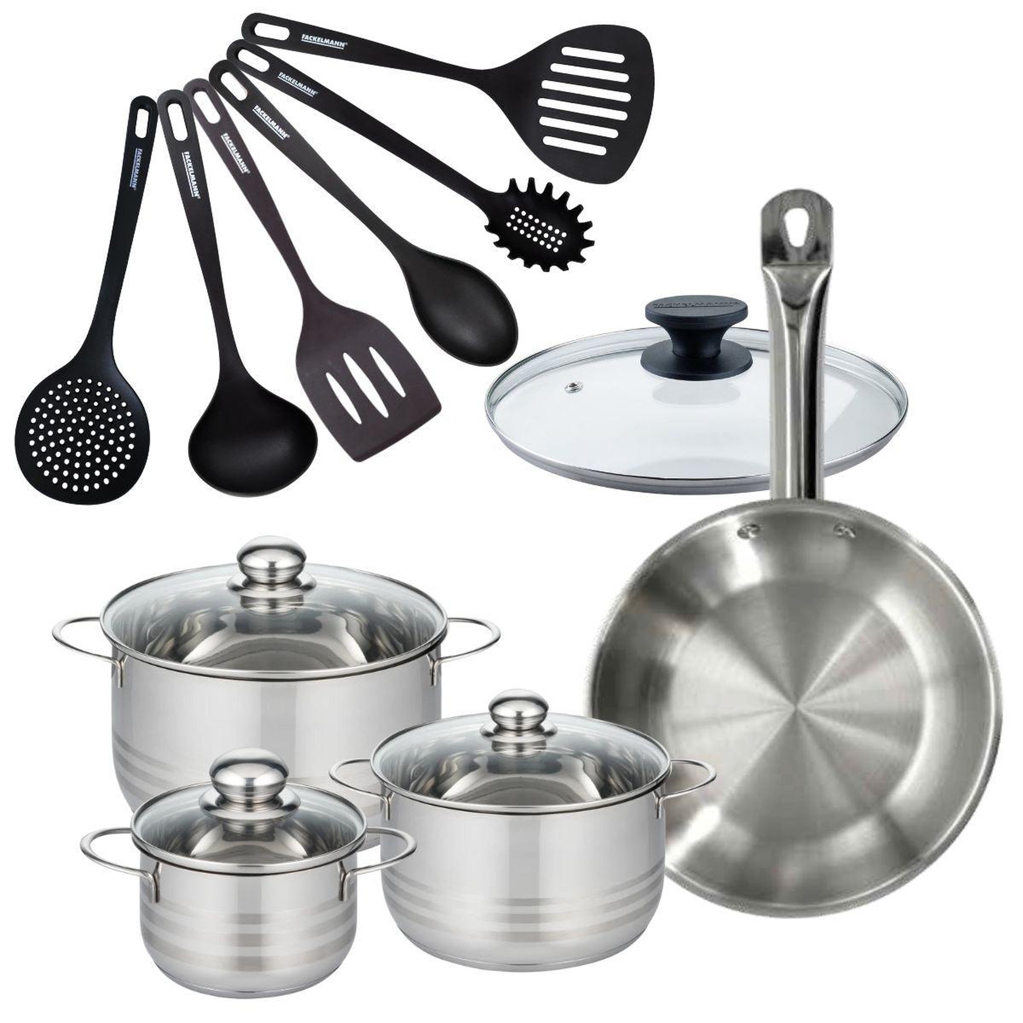 Fackelmann Batterie de cuisine 1 poêle 28 cm et couvercle, 3 faitouts 20/24/16 cm et 6 ustensiles de cuisine fackelmann eterna