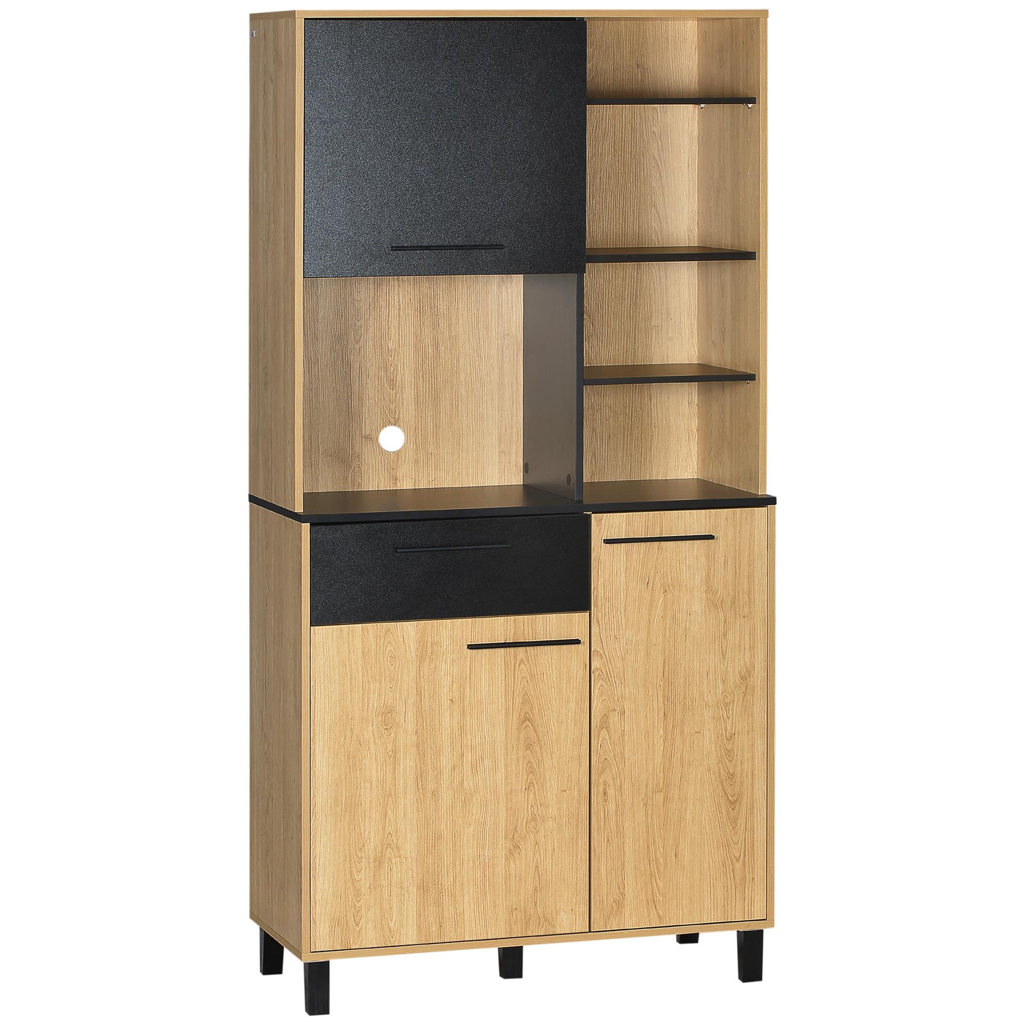 Voir la diapositive 1 : HOMCOM Buffet haut multi-rangement 3 portes tiroir 5 niches bicolore aspect bois clair noir