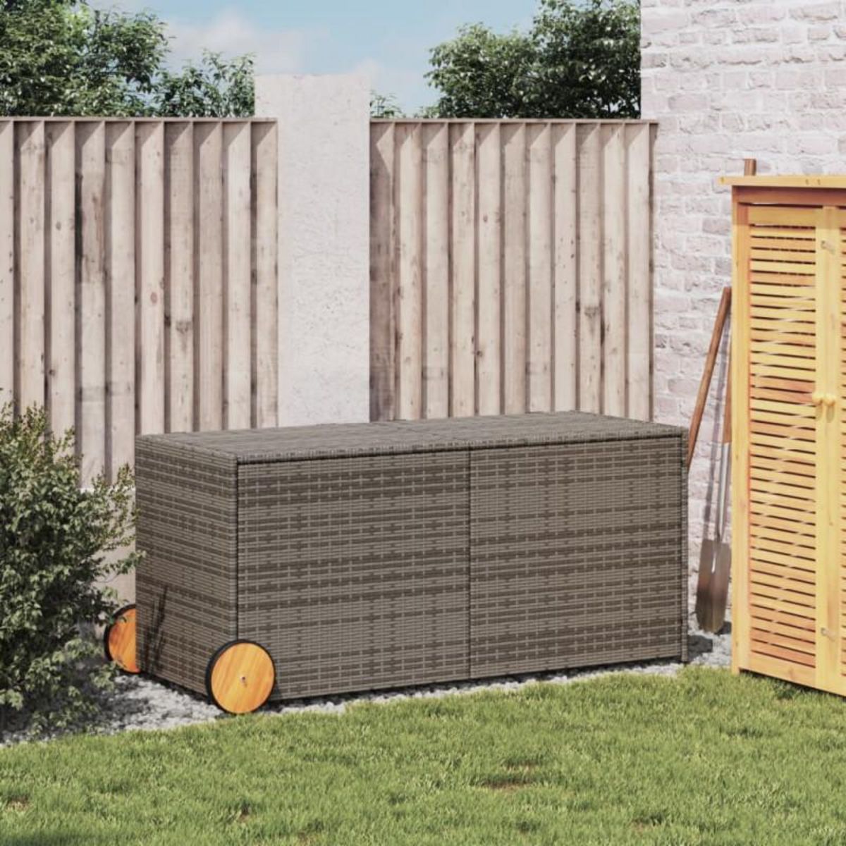 VIDAXL Boîte de rangement de jardin et roues gris 283L résine tressée