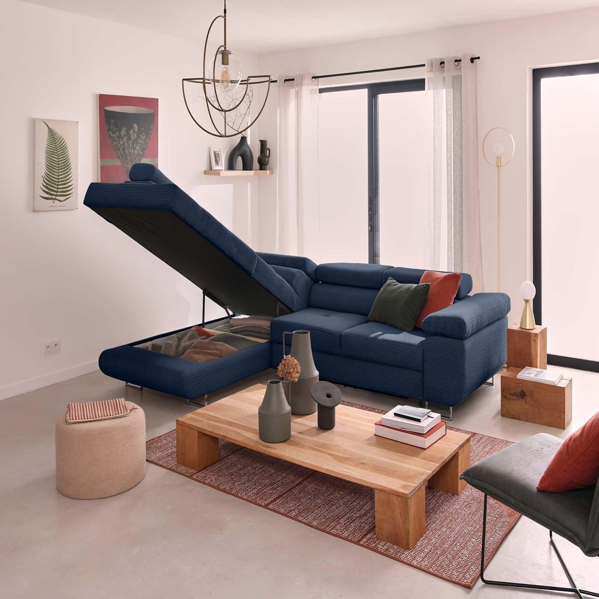 BEST MOBILIER Zaria - canapé d'angle gauche - convertible avec coffre et têtières réglables - 5 places - en velours côtelé