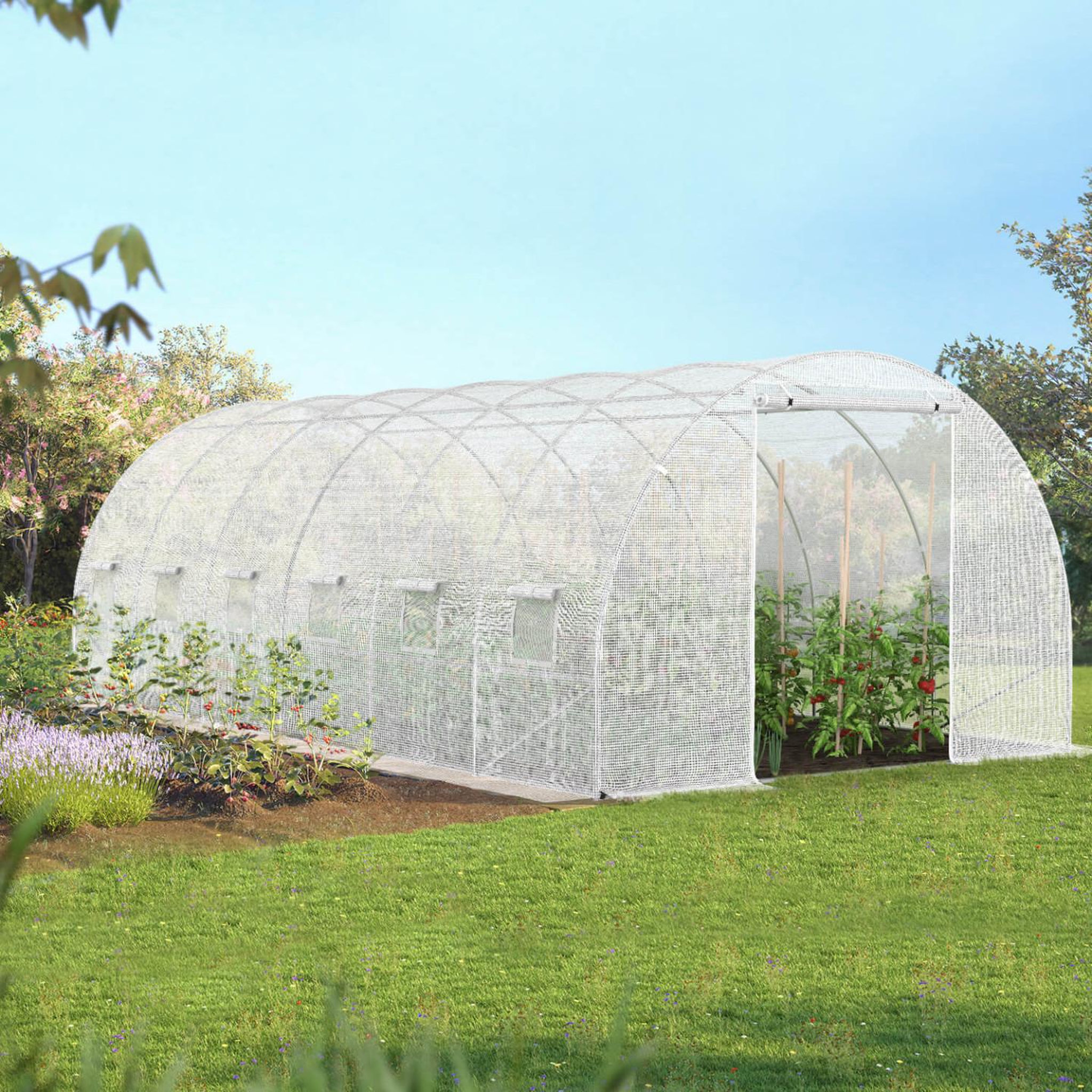 Voir la diapositive 2 : ID MARKET Serre de jardin tunnel 18m² 6 x 3 x 2 m acier galvanisé + bâche anti-uv avec porte et fenêtres crimée blanche