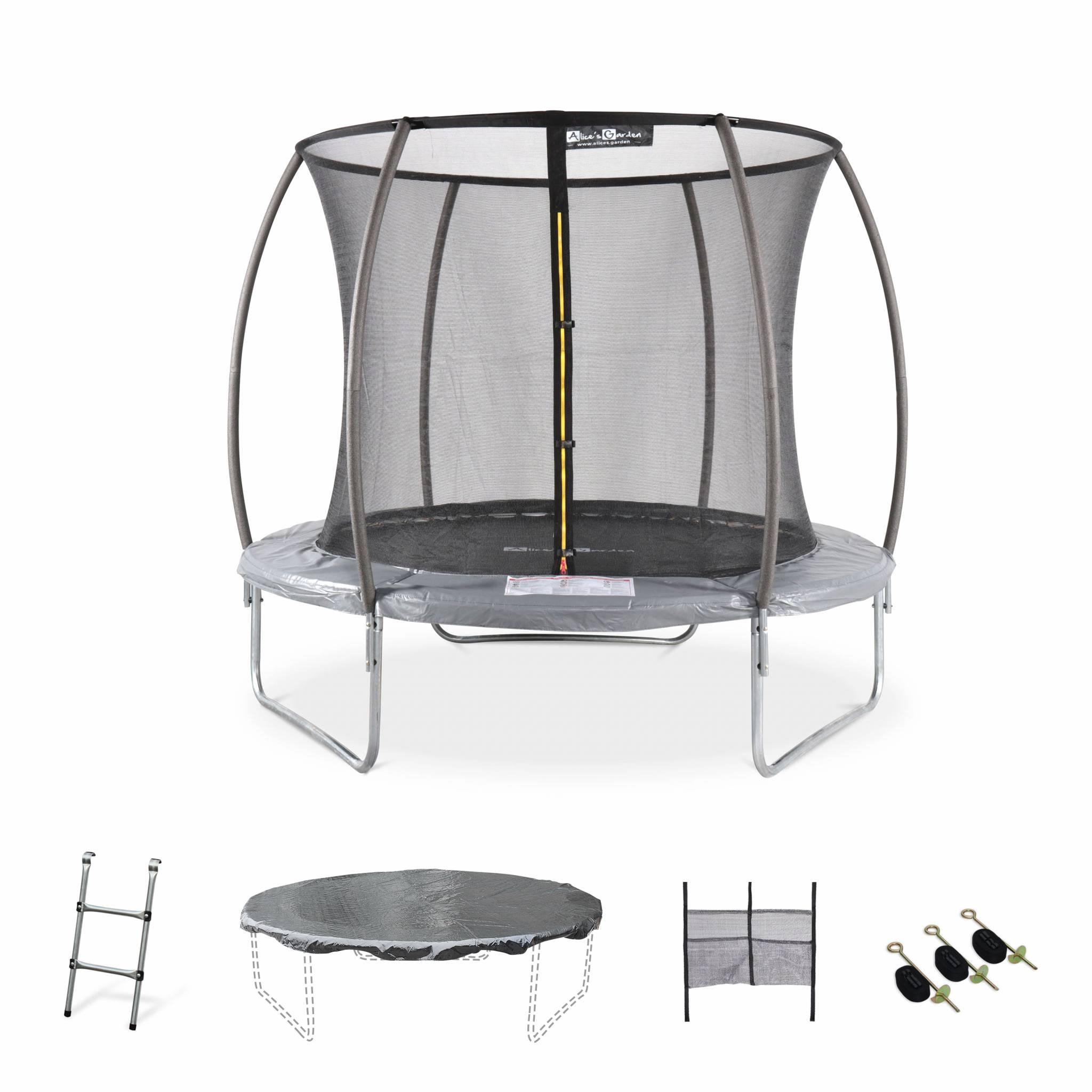 Voir la diapositive 1 : SWEEEK Trampoline rond Ø 250cm gris avec filet de protection intérieur - Pluton Inner XXL– échelle. bâche. filet pour chaussures et kit d'ancrage 2.50 m 250 cm
