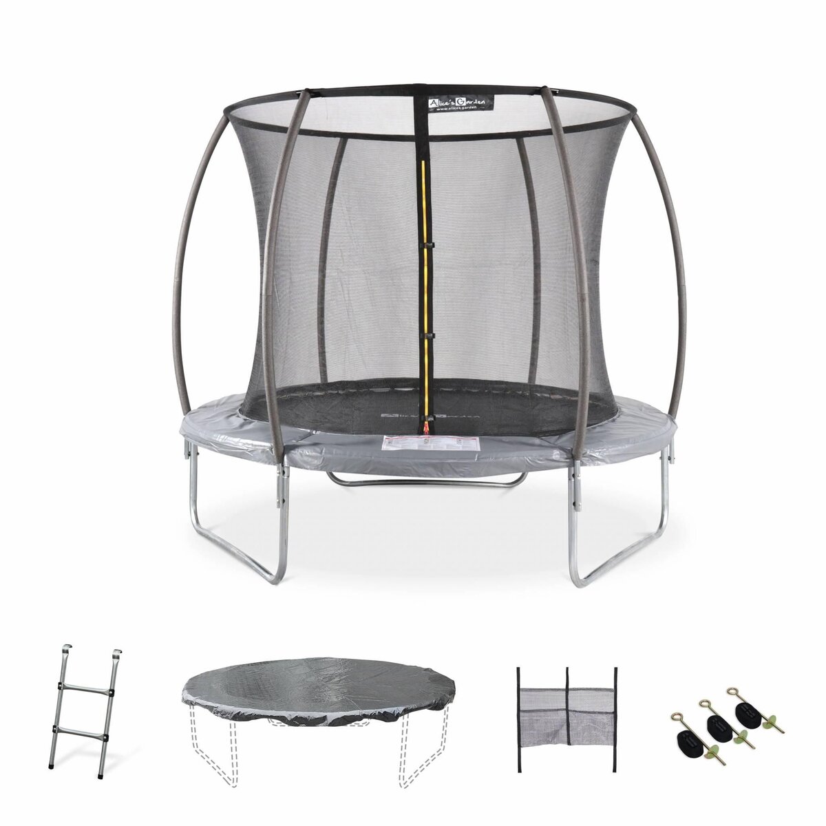 SWEEEK Trampoline rond Ø 250cm gris avec filet de protection intérieur - Pluton Inner XXL– échelle. bâche. filet pour chaussures et kit d'ancrage 2.50 m 250 cm