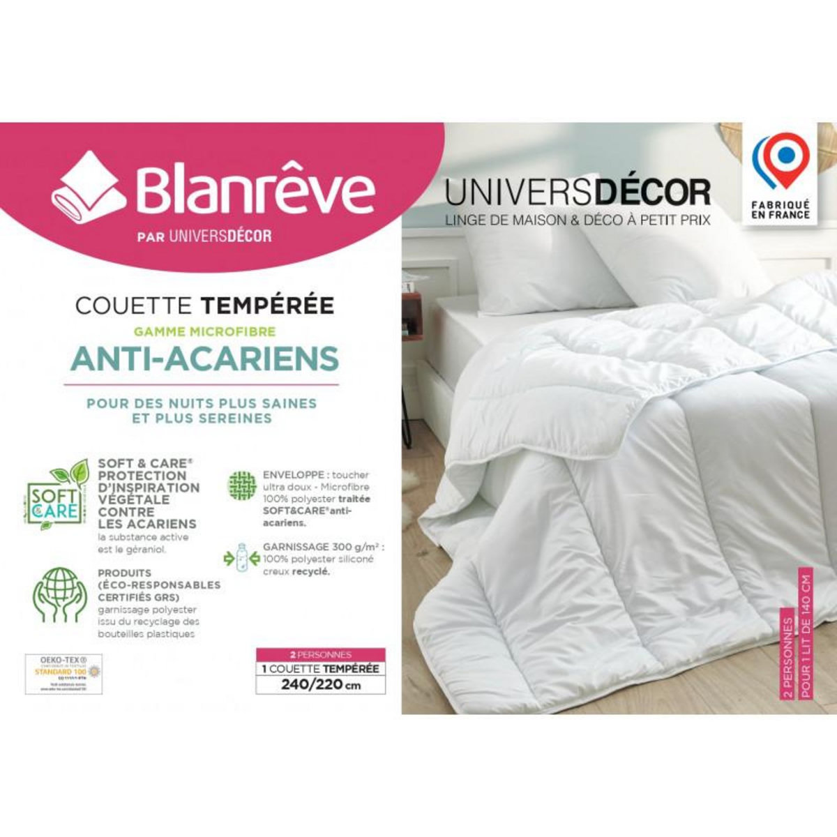 BLANREVE Couette Blanrêve Gamme  Douceur  240 x 220 cm traité Anti Acarien Soft & care