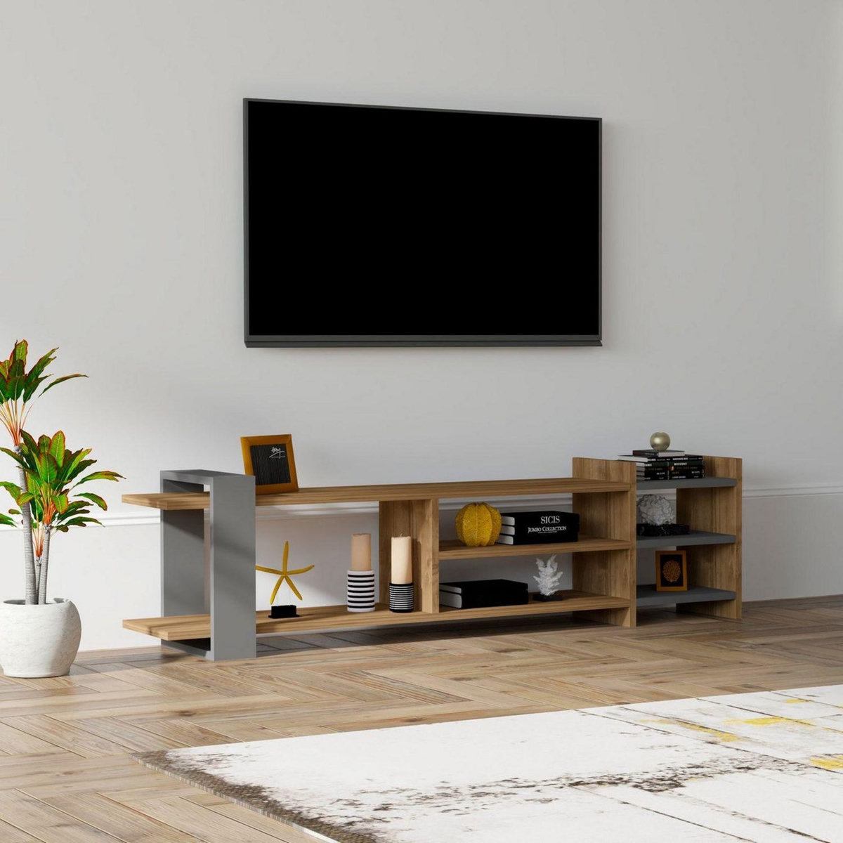 TOILINUX Meuble TV design Zeyna - L. 156 x H. 40 cm - Gris anthracite