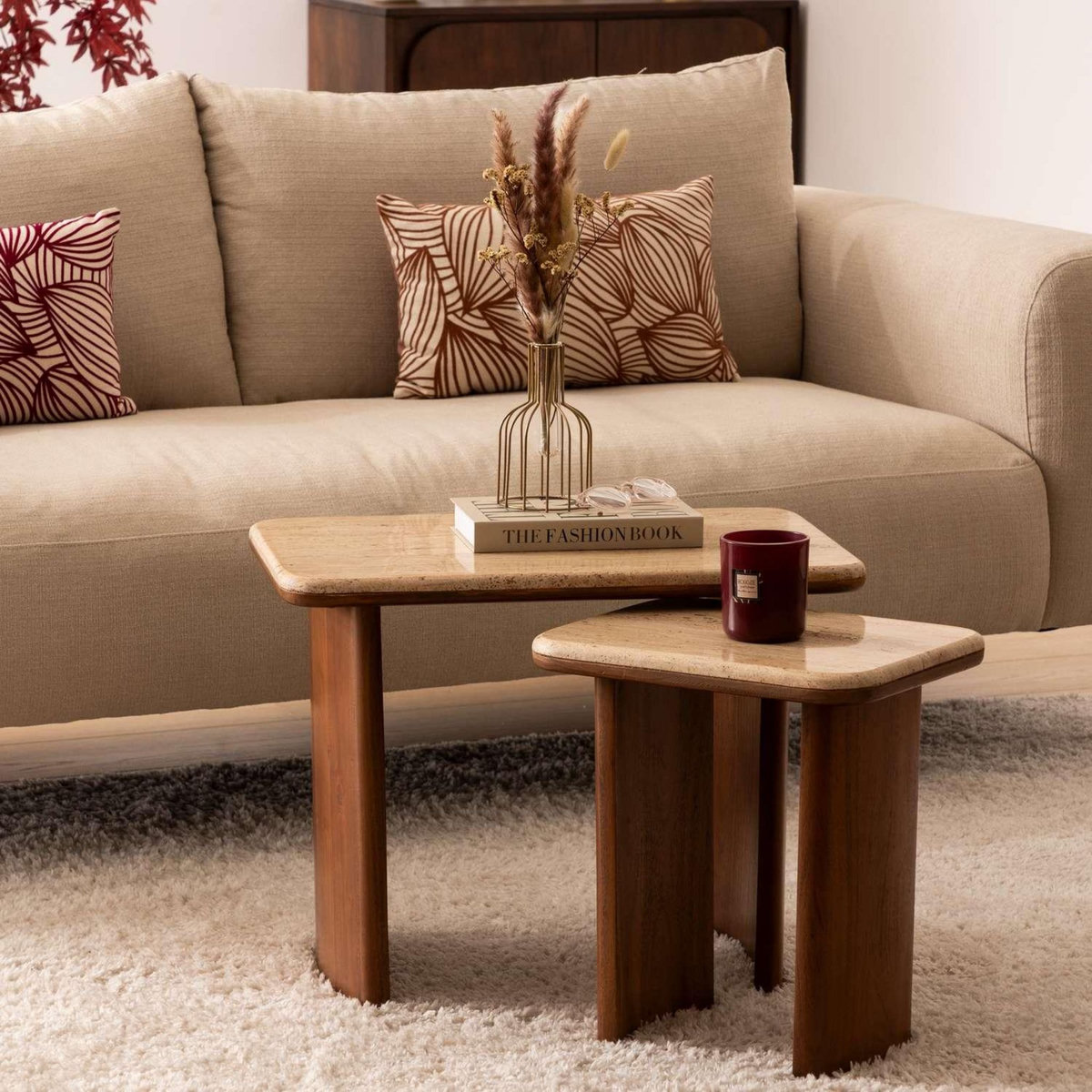 ATMOSPHERA Duo de tables à café en acacia et travertin JIVAN - Marron