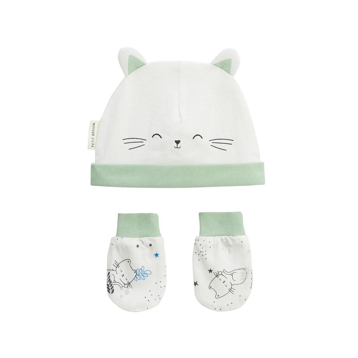 Petit Béguin Bonnet bébé et moufles anti-griffures Chatmallow