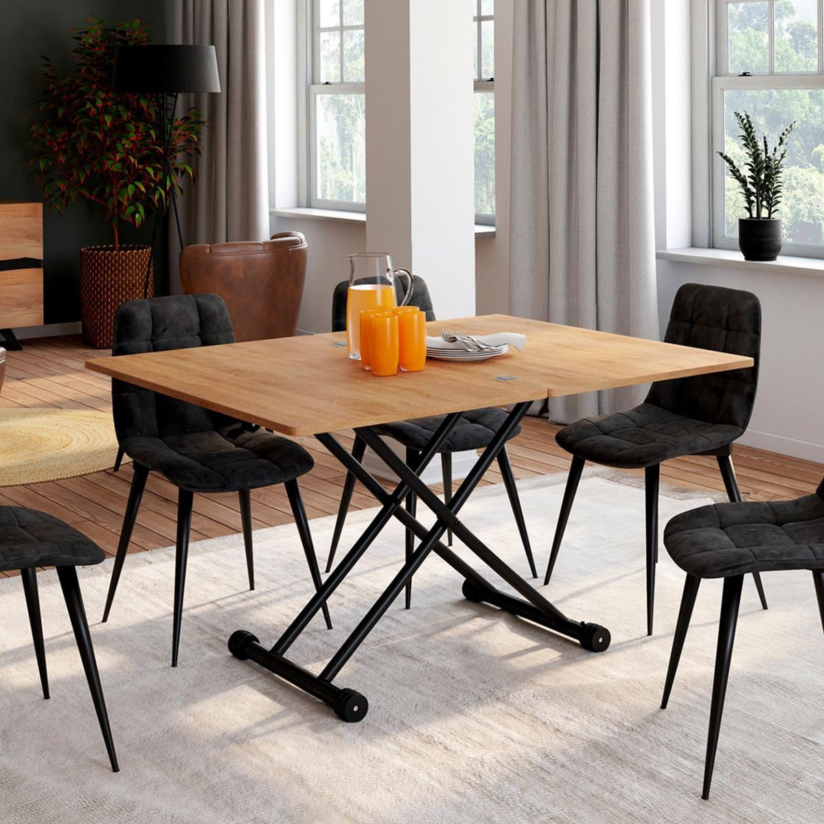 ID MARKET Table basse extensible relevable en table à manger rectangulaire URBANA plateau façon hêtre pied noir design industriel