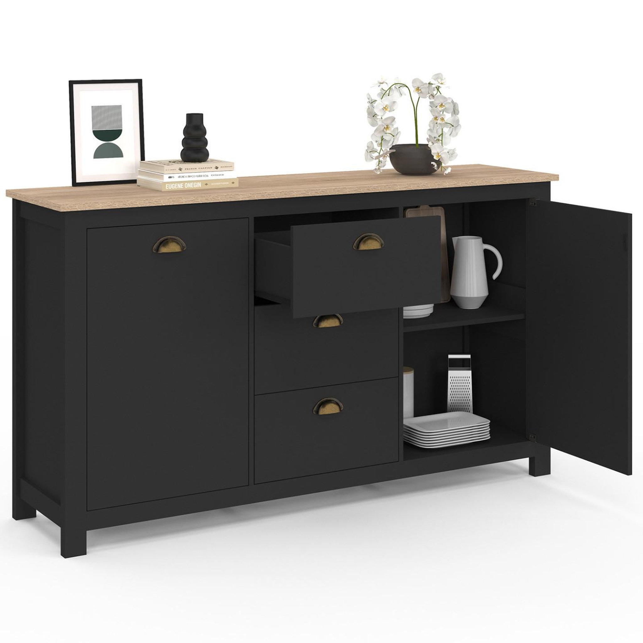 Voir la diapositive 4 : ID MARKET Buffet 130 cm ISIS campagne 2 portes et 3 tiroirs bois et noir
