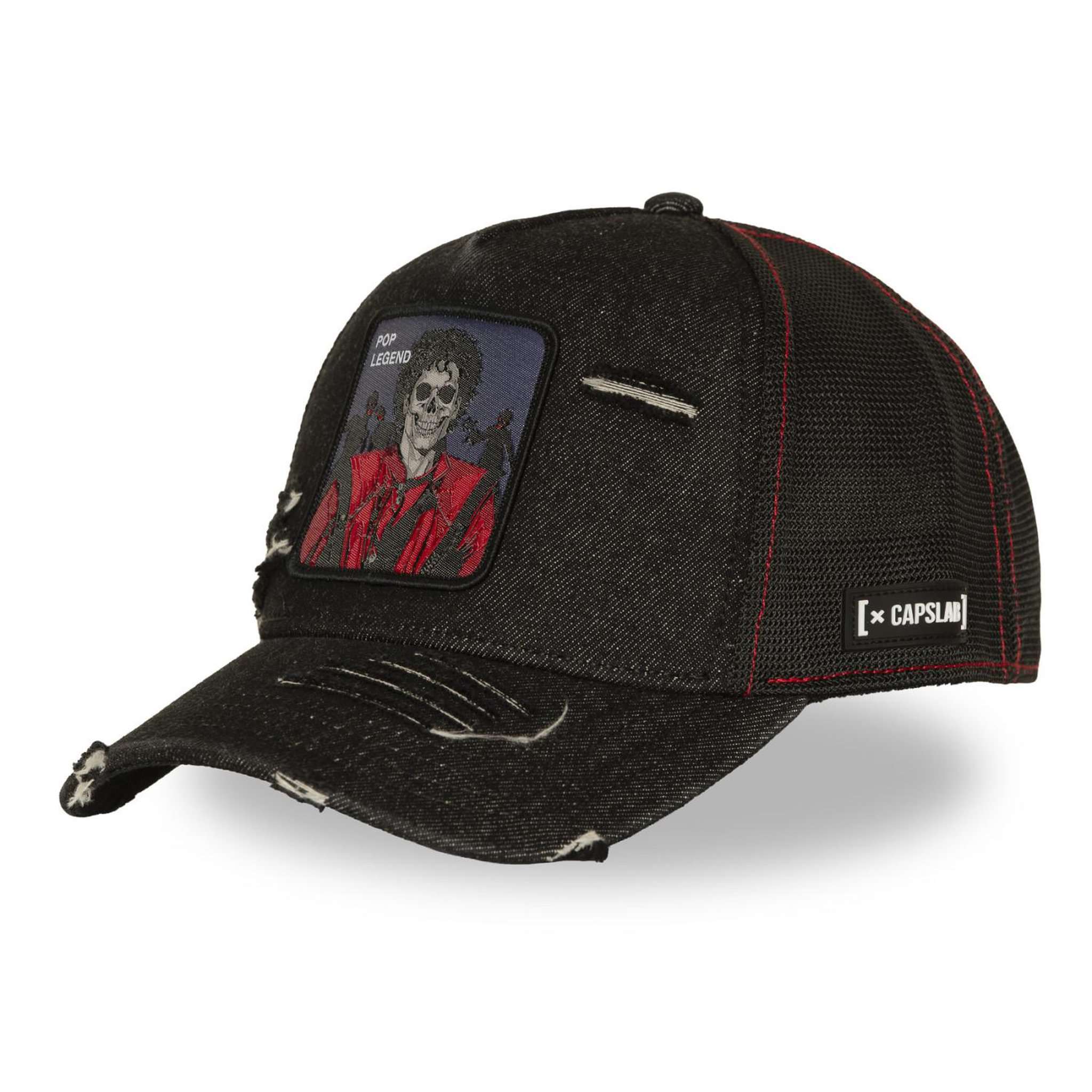 CAPSLAB Casquette trucker effet usé avec filet et patch Pop Legend. Coloris disponibles : Noir