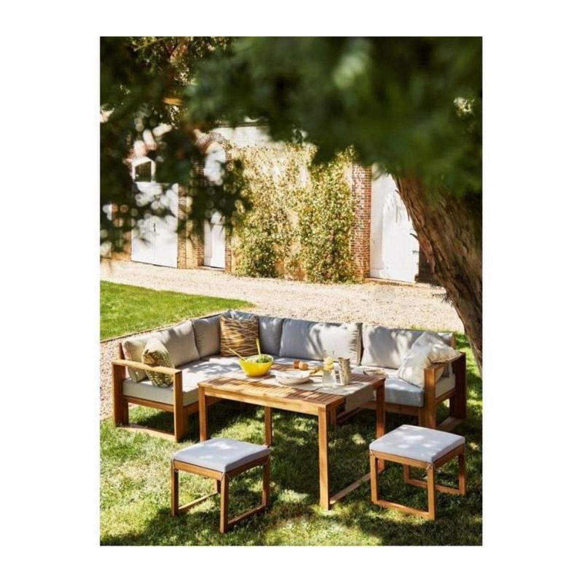 BOCARNEA Salon de jardin en bois dAcacia FSC avec coussins + housse de protection - 7 personnes - Levata - Gris