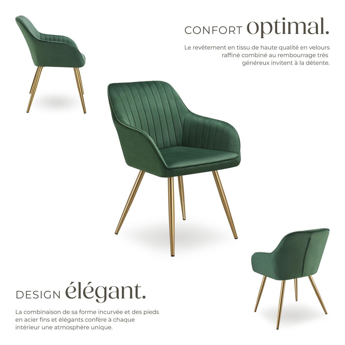 tectake Chaise de salle à manger en velours matelassé et rembourré vert foncé/or