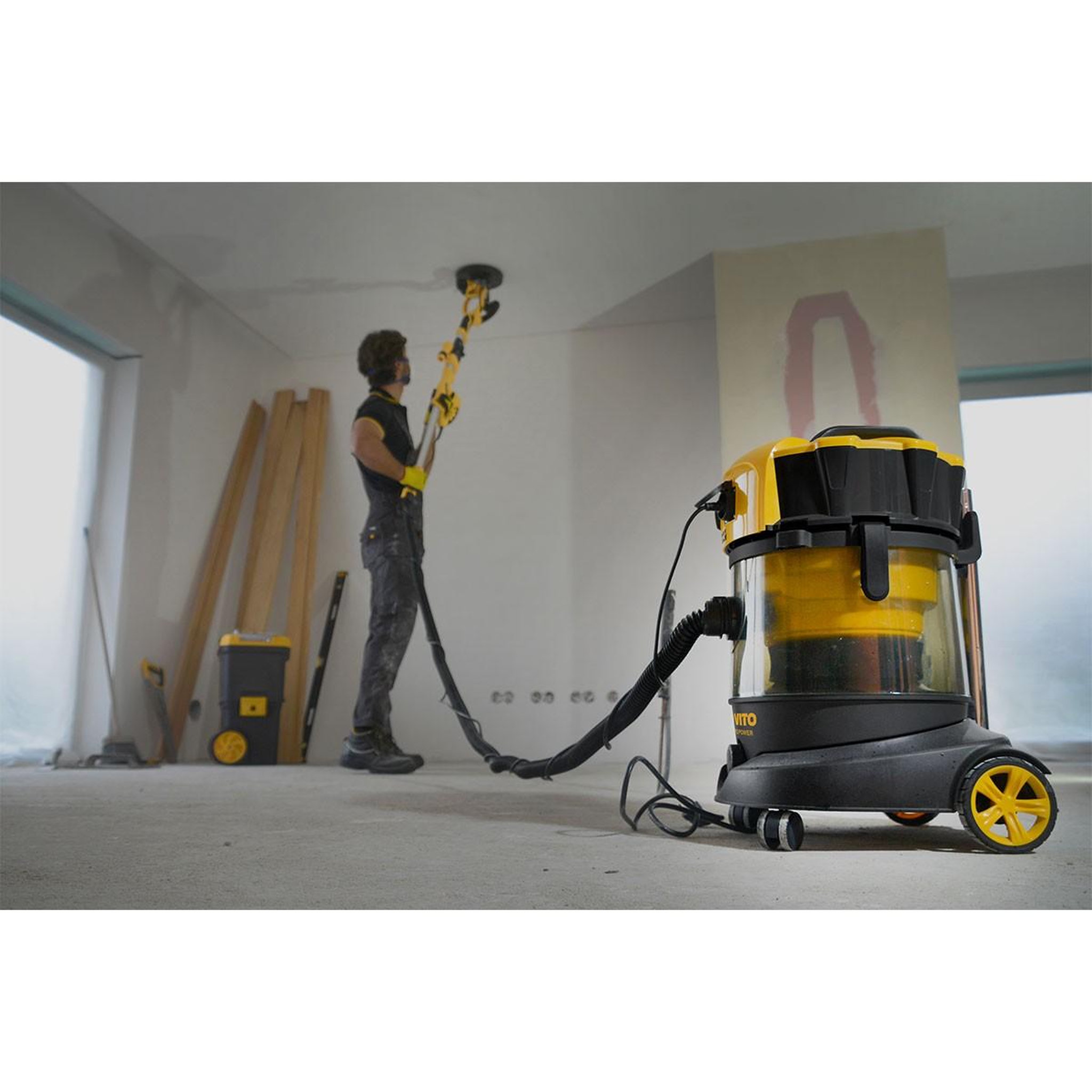 Voir la diapositive 2 : VITO Aspirateur plâtres eau et poussières 1200w cuve 25l professionnel chantier atelier vito