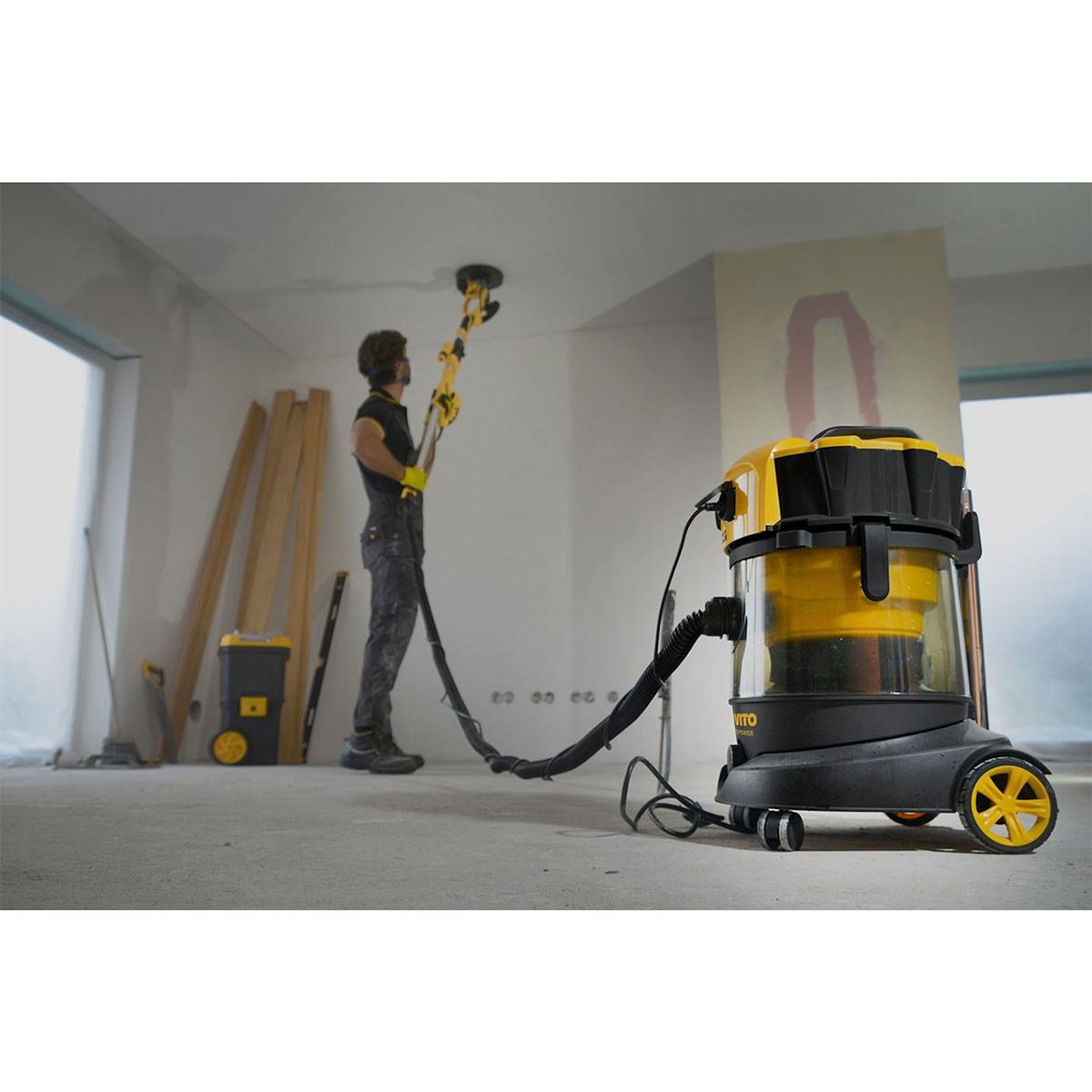 VITO Aspirateur Plâtres Eau et Poussières 1200W Cuve 25L Professionnel Chantier Atelier VITO