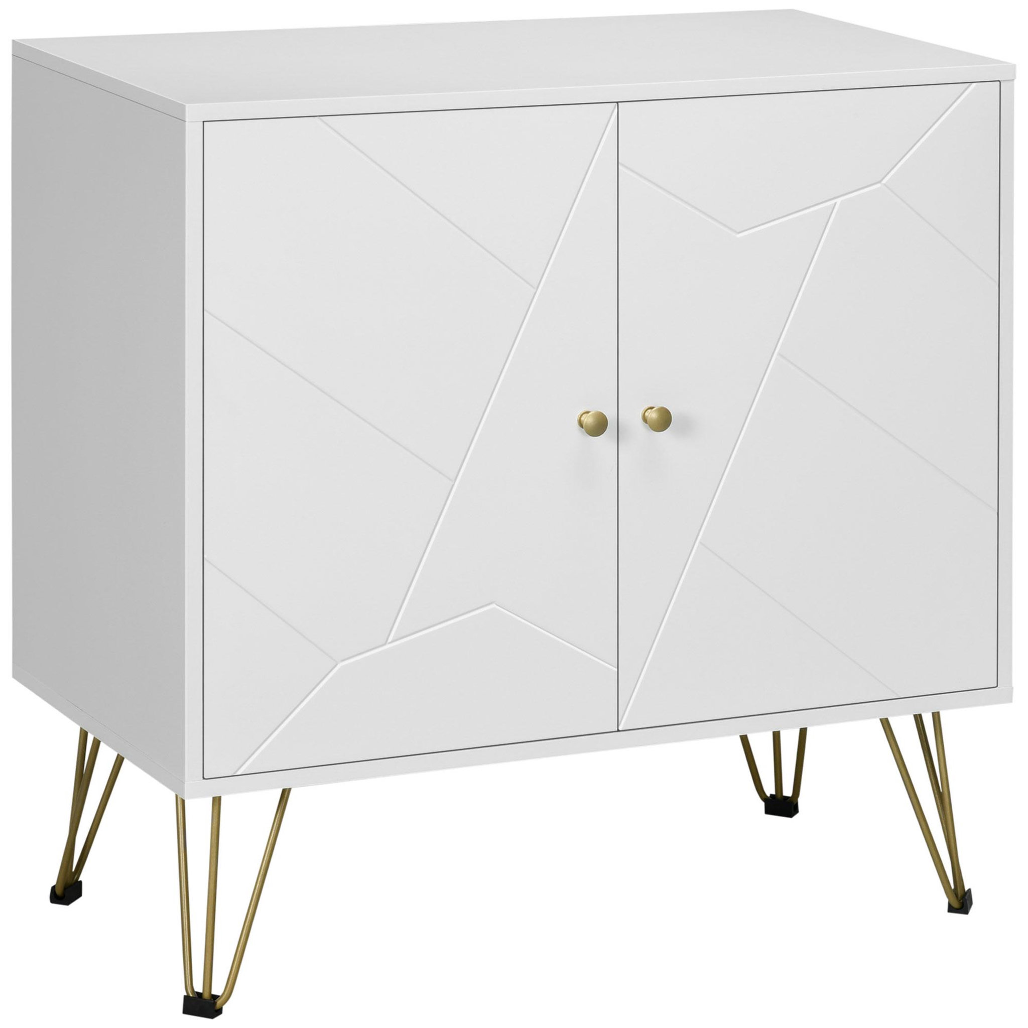 Voir la diapositive 1 : HOMCOM Buffet 2 portes 2 étagères style Art déco motif graphique piètement épingle poignées métal doré MDF blanc