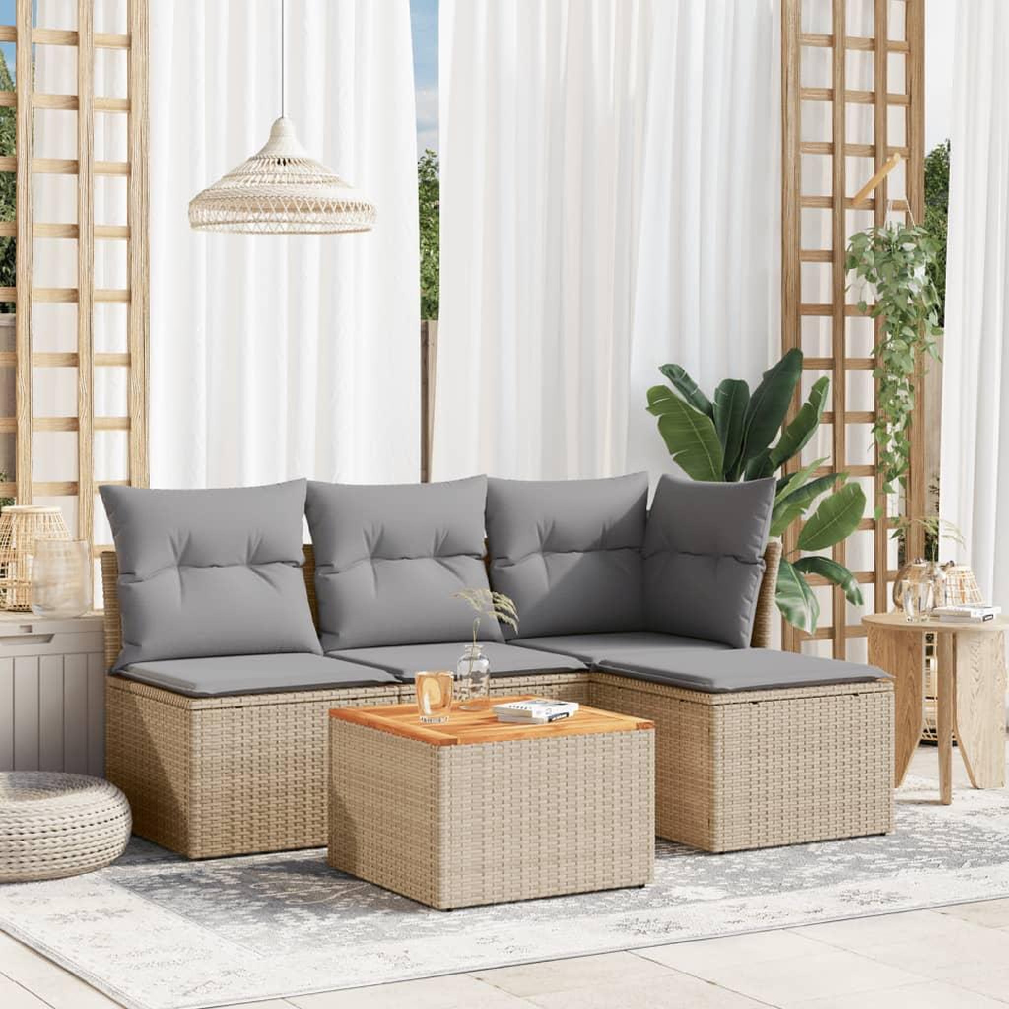 VIDAXL Salon de jardin avec coussins 5pcs melange beige resine tressee