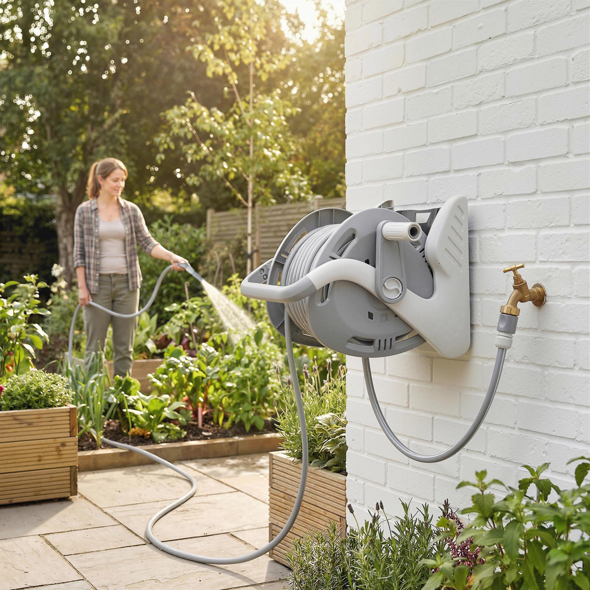 Voir la diapositive 6 : OUTSUNNY Dévidoir mural portable 2 en 1 enrouleur auto tuyau 20+2m lance arrosage 2 modes