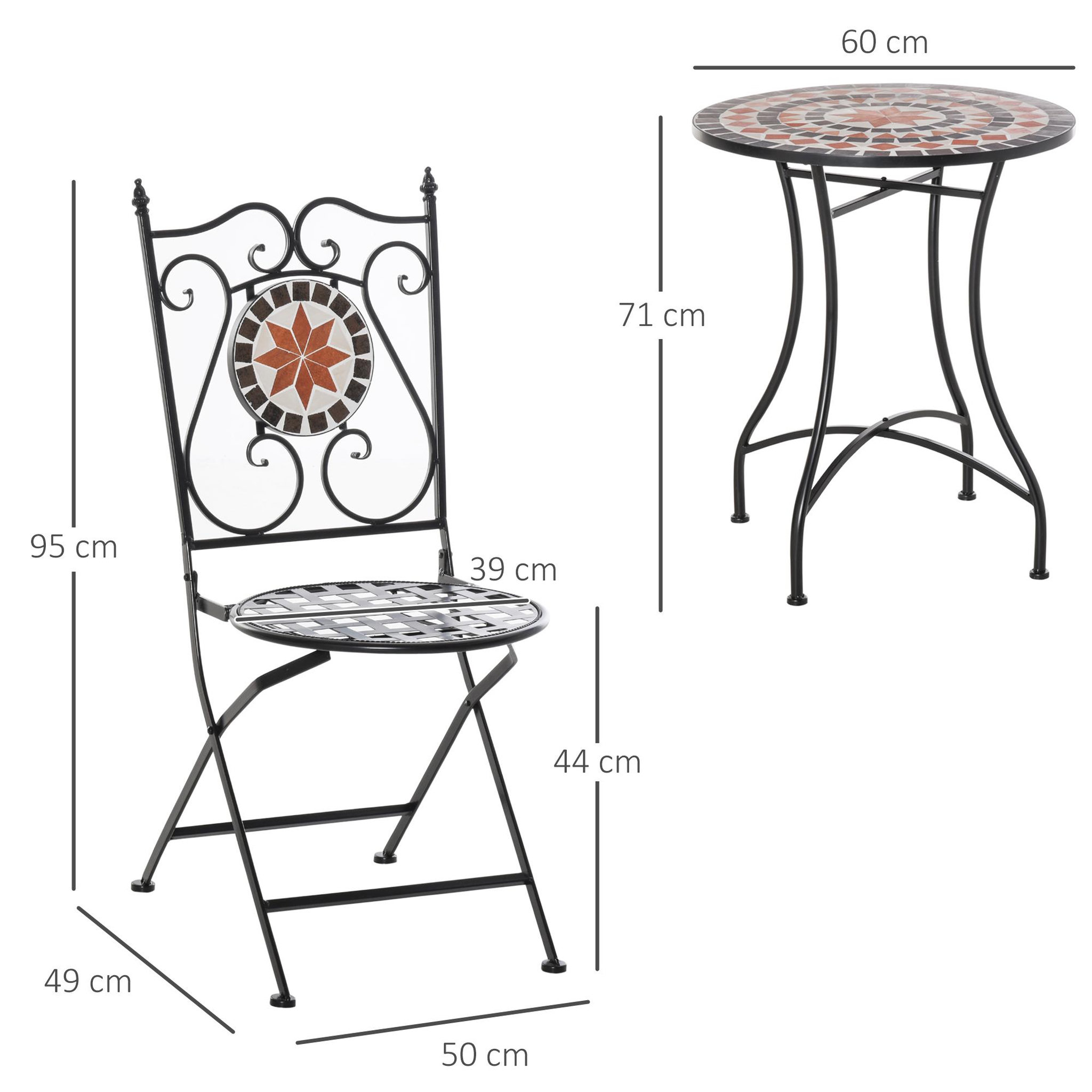 Voir la diapositive 3 : OUTSUNNY Ensemble bistro 2 places 3 pièces style fer forgé mosaïque céramique motif rose des vents chaises pliables métal époxy noir