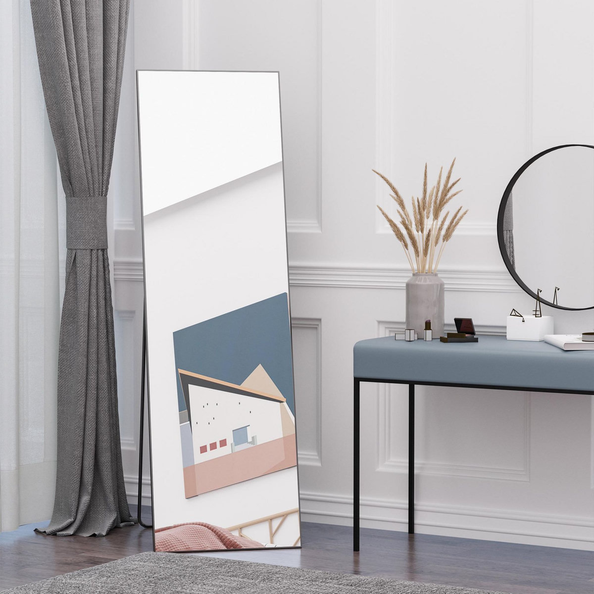 HOMCOM Miroir sur pied ou mural rectangulaire grande taille dim. 50L x 37l x 158H cm verre métal noir