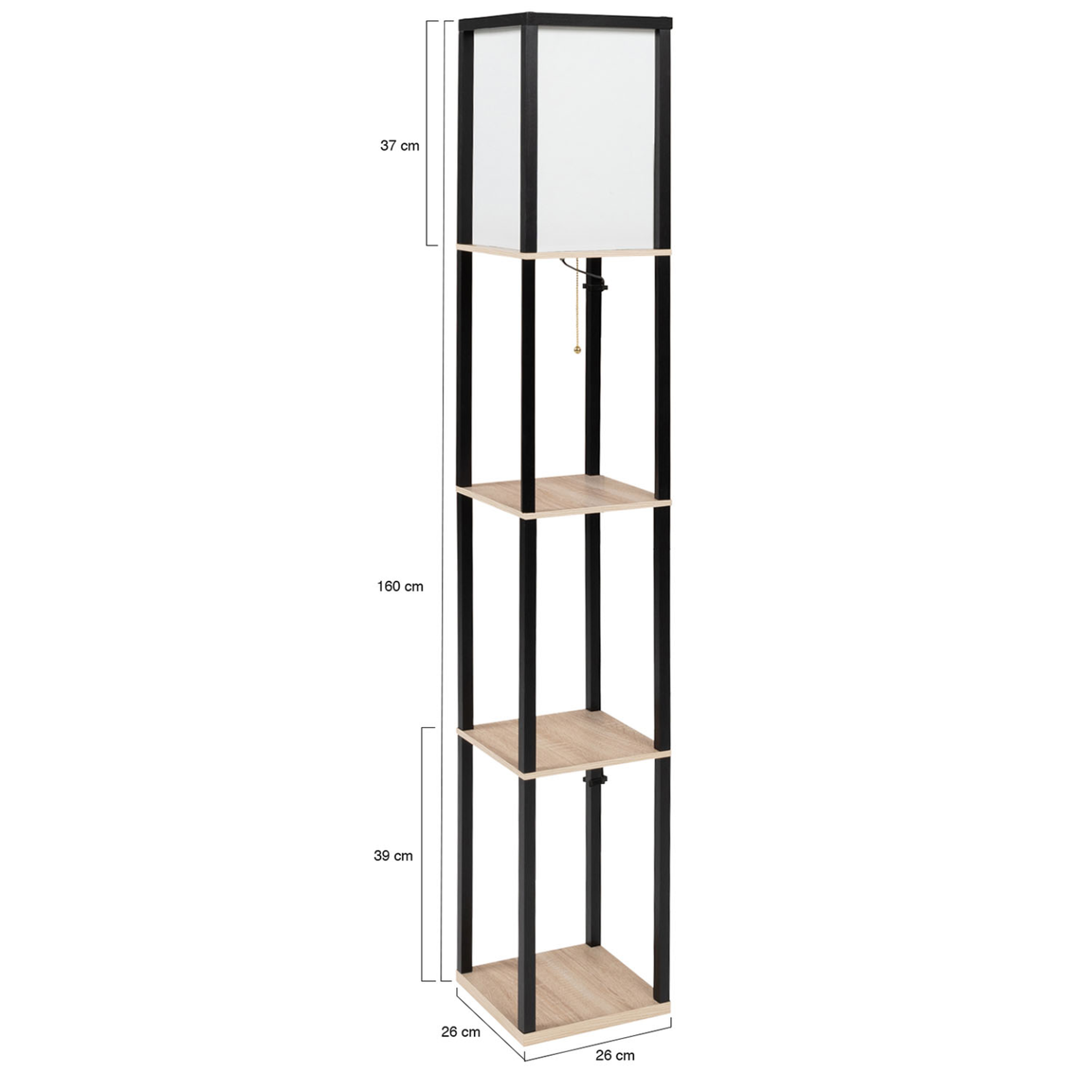 Voir la diapositive 5 : ID MARKET Lampadaire industriel en bois noir avec étagères en bois clair et abat-jour carré blanc