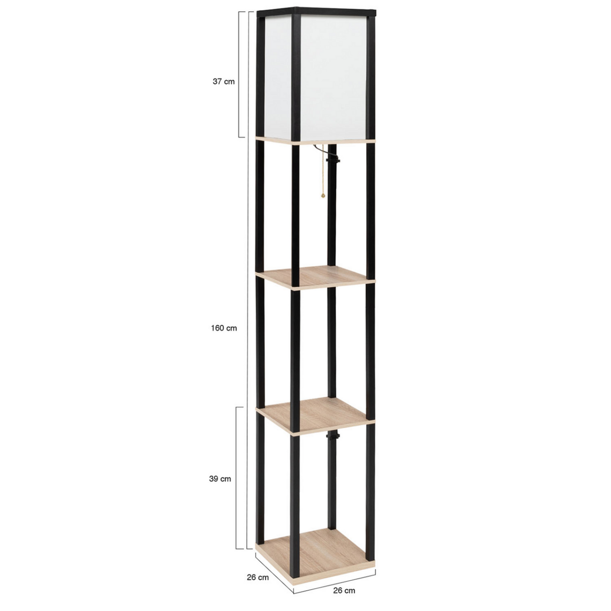 ID MARKET Lampadaire industriel en bois noir avec étagères en bois clair et abat-jour carré blanc