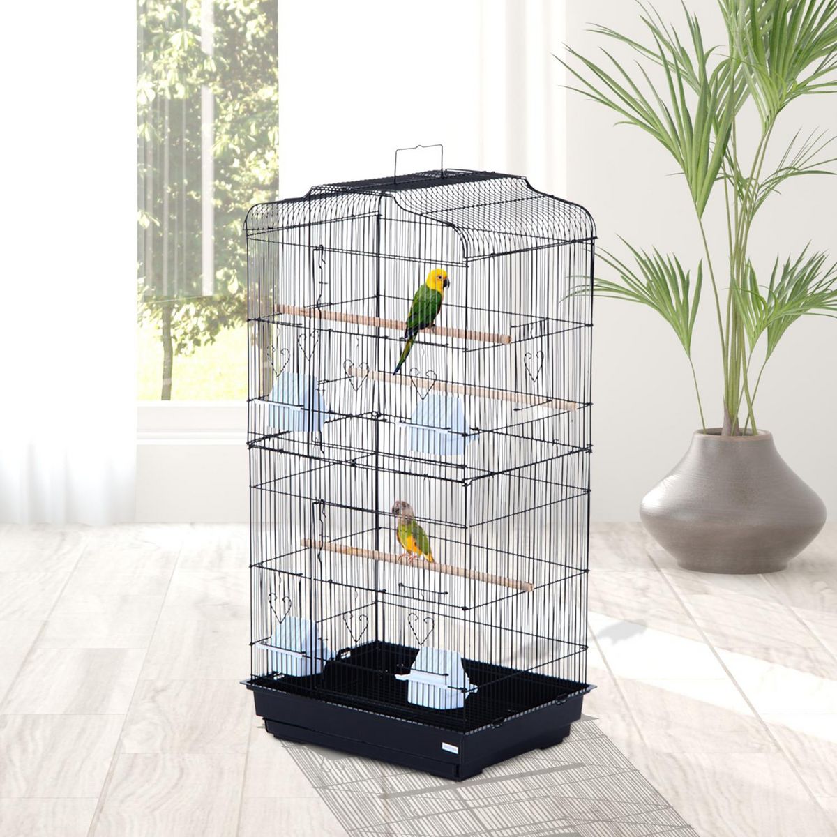 PAWHUT PawHut Cage à oiseaux volière avec mangeoires perchoirs plateau amovible dim. 48L x 36l x 91H cm métal PS noir