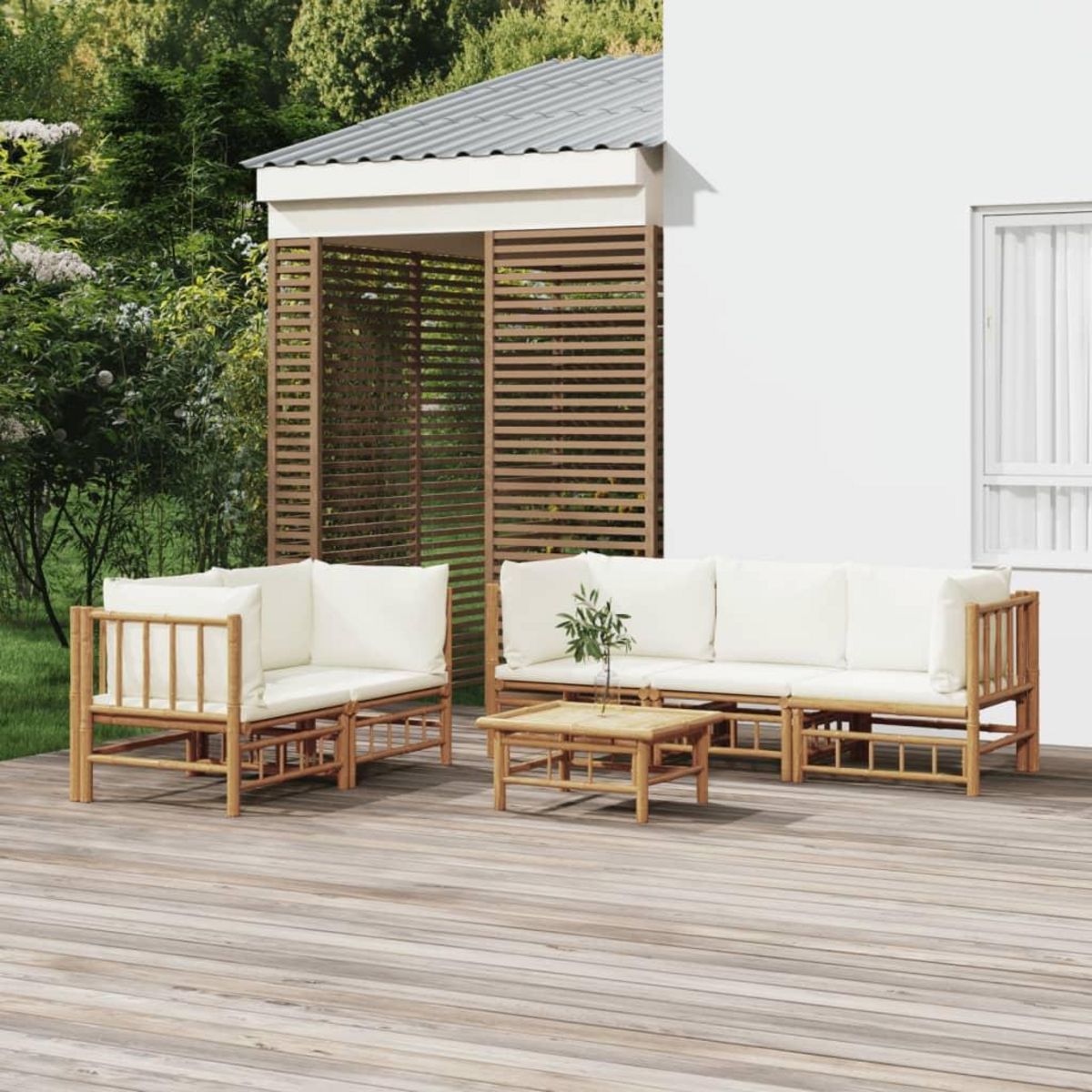 VIDAXL Salon de jardin 6 pcs avec coussins blanc creme bambou
