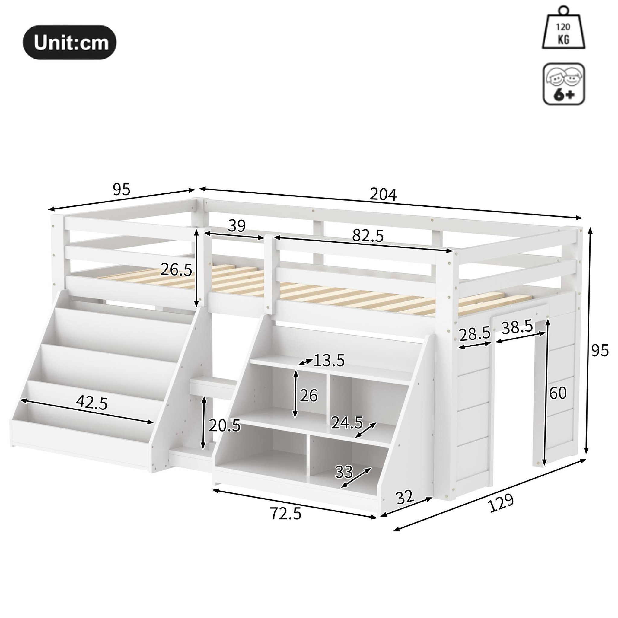 Voir la diapositive 3 : MERAX Lit enfant mi hauteur 90x200cm coloris blanc led pin
