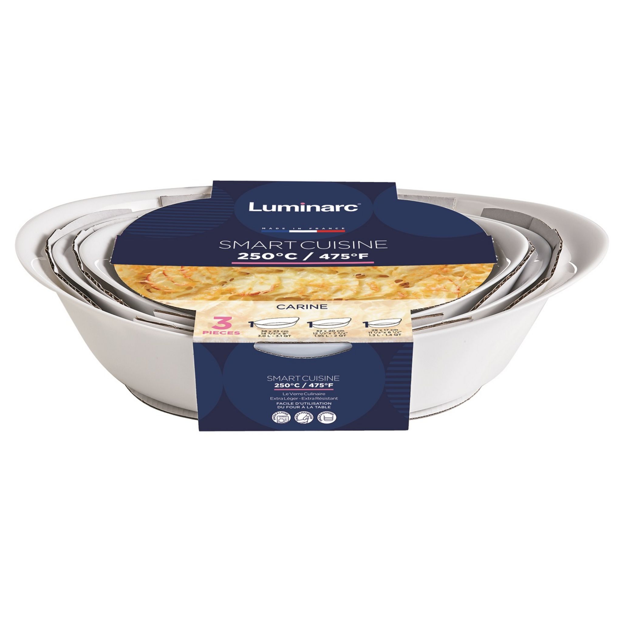 Set Plat Luminarc - Set De 3 Plats Ovales Blanc Smart Cuisine Carine 250°C - Plats à Four En Verre Innovant - Légers Et Extra-Résistants - Fabrication En France - 3 Pièces, Dimensions 29x17 Plat Four Tefal