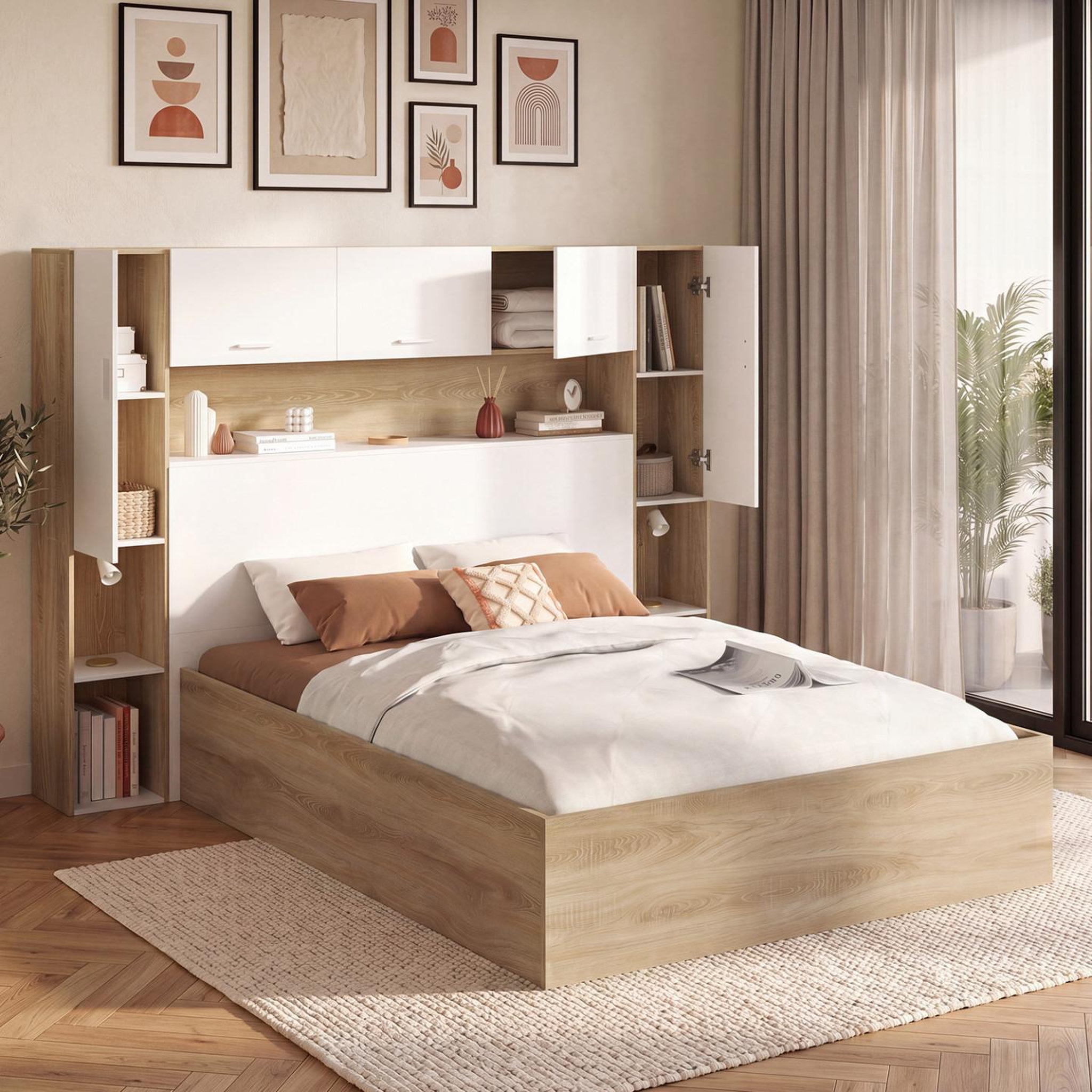 Voir la diapositive 4 : ID MARKET Lit pont coffre double bridget armoire avec rangements et sommier 140 x 190 cm bois et blanc