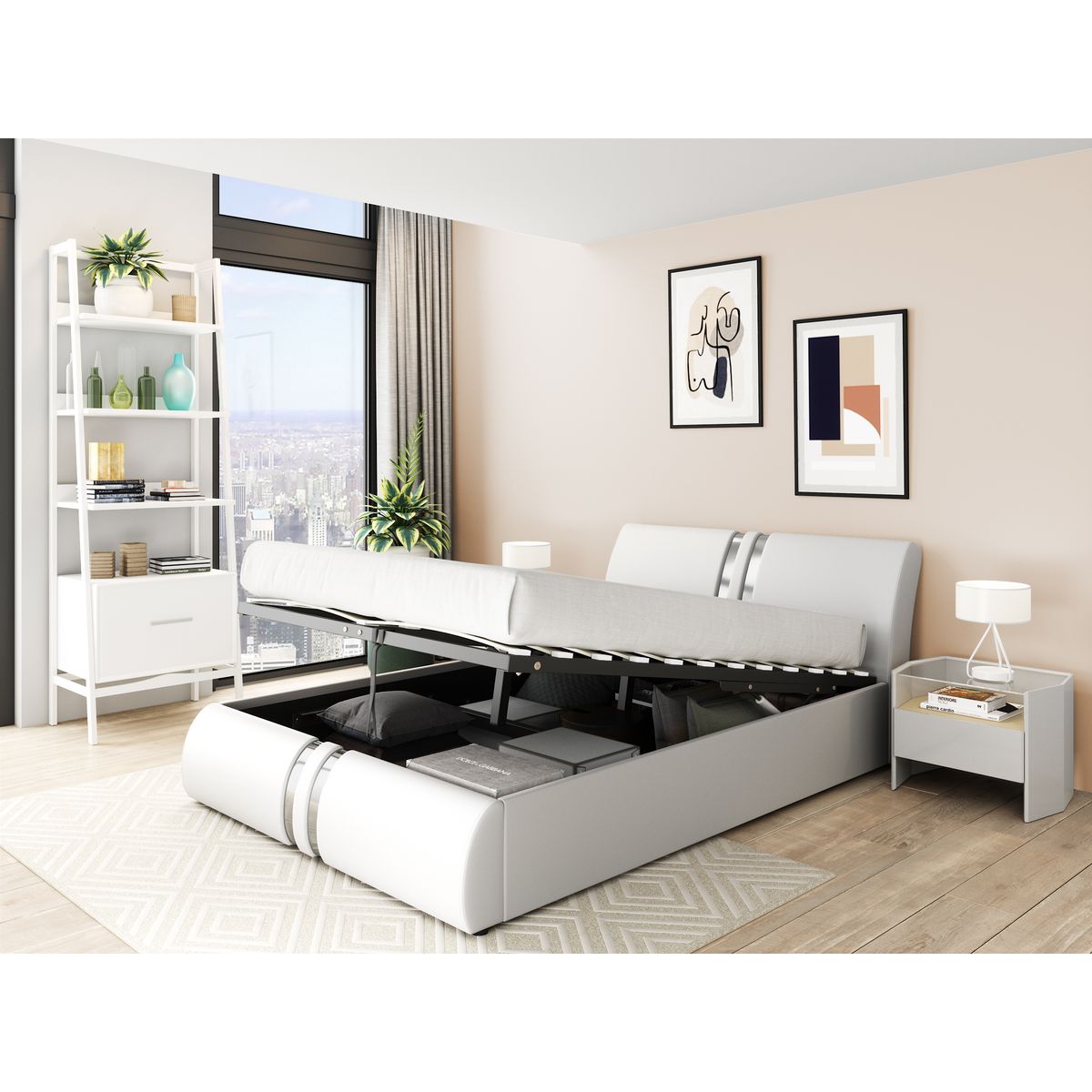 Lit coffre adulte contemporain sommier inclus et tête de lit 160x200cm  JAZ