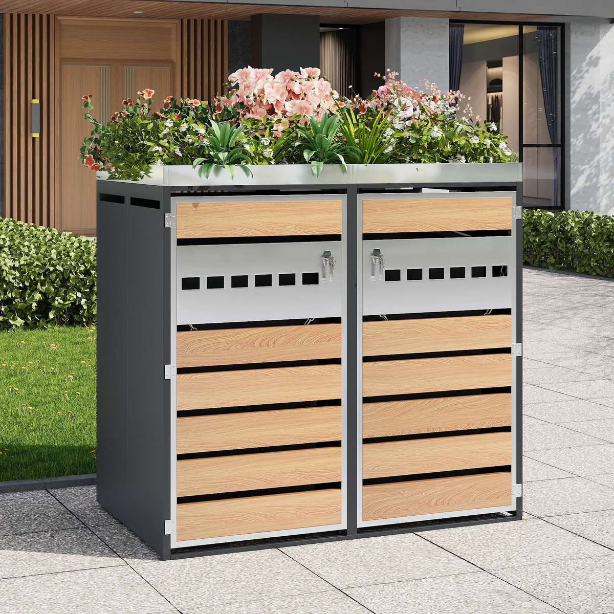 MERAX Cache Poubelle Extérieur 2 Bacs avec Bac à Plantes, Gris